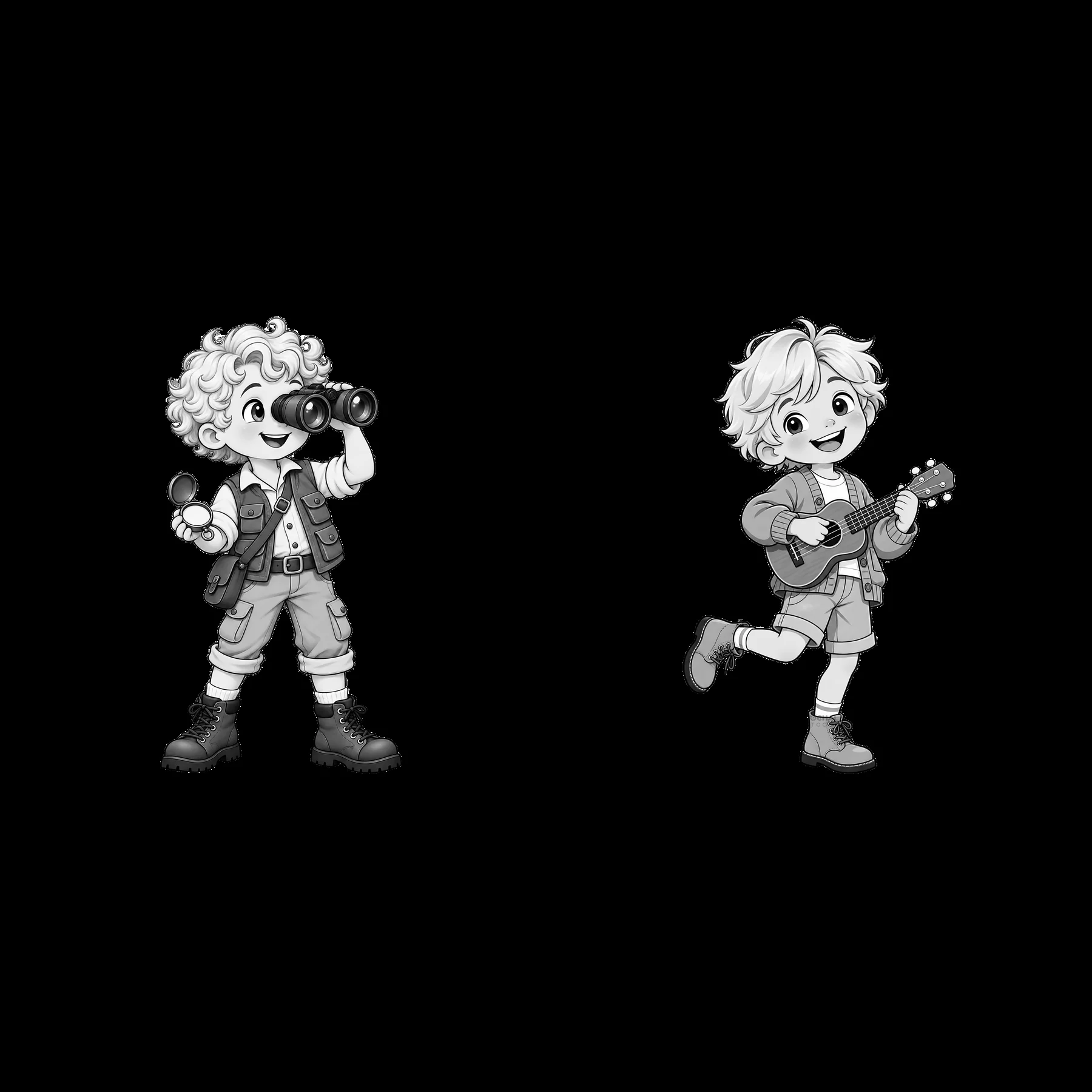 Blond child with binoculars and another playing ukulele - AI-generated stock image