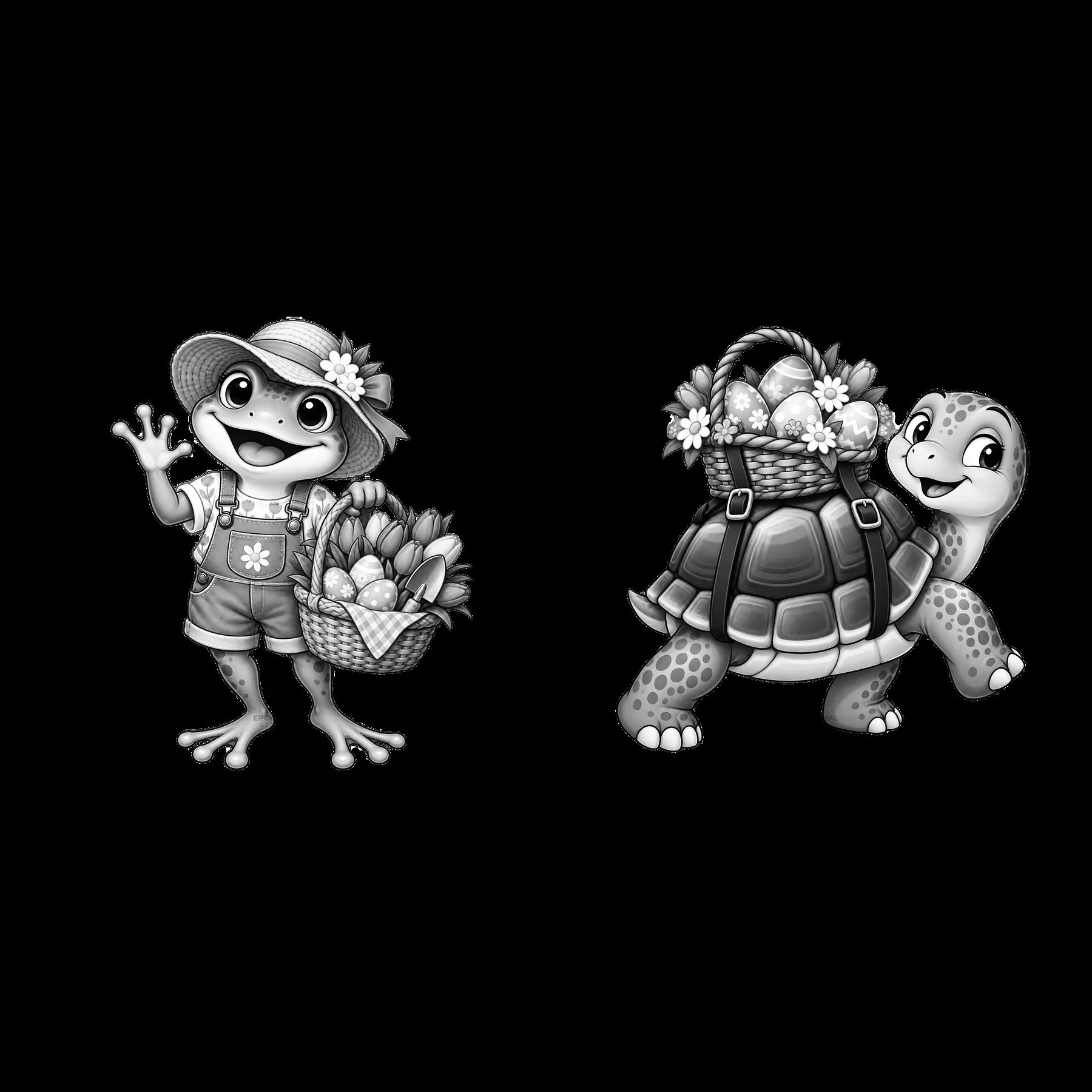 Frog with basket and turtle carrying Easter eggs - AI-generated stock image