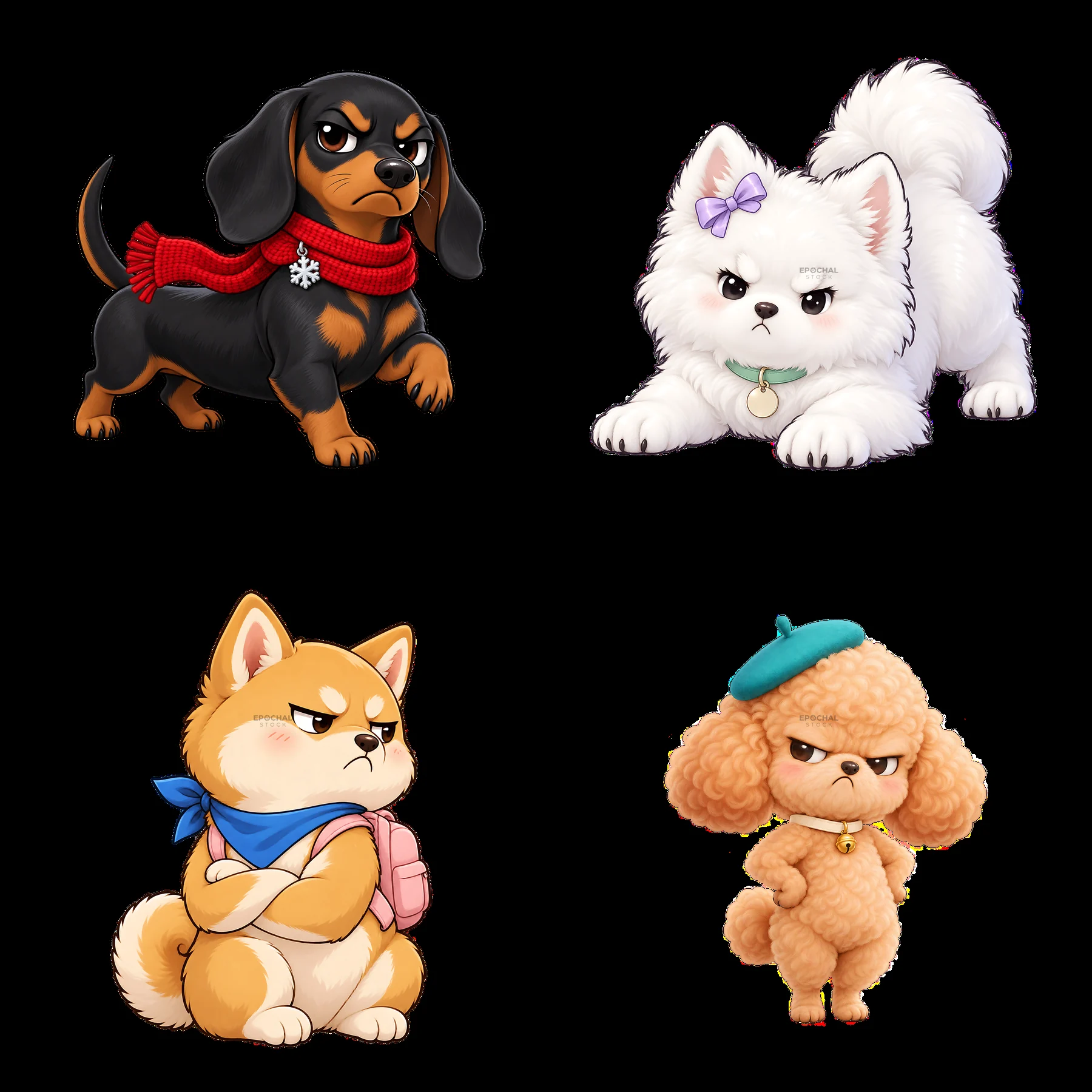 Kawaii grumpy dog sticker collection in four distinct designs - AI-generated stock image