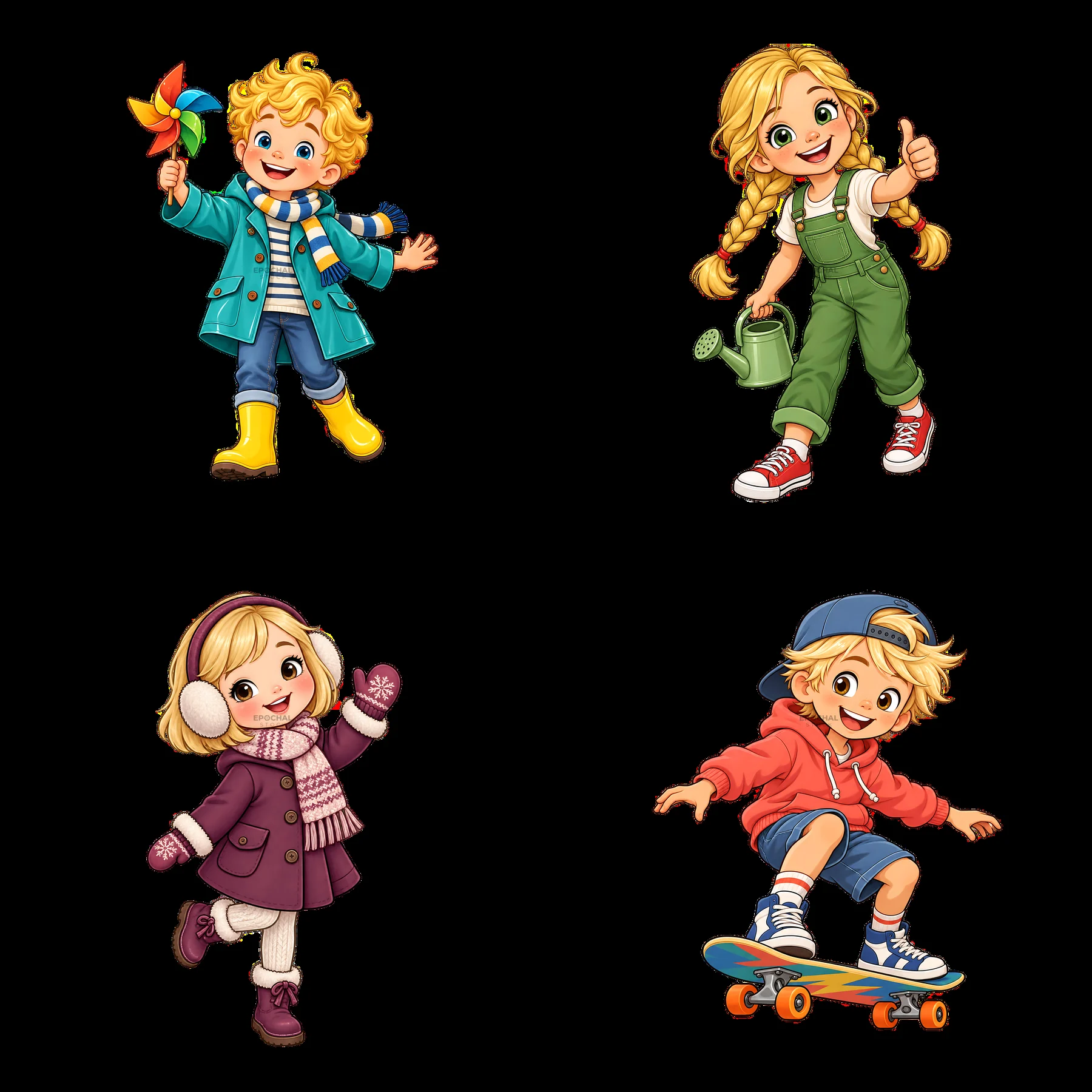 Blond children enjoying outdoor activities with distinct accessories - AI-generated stock image