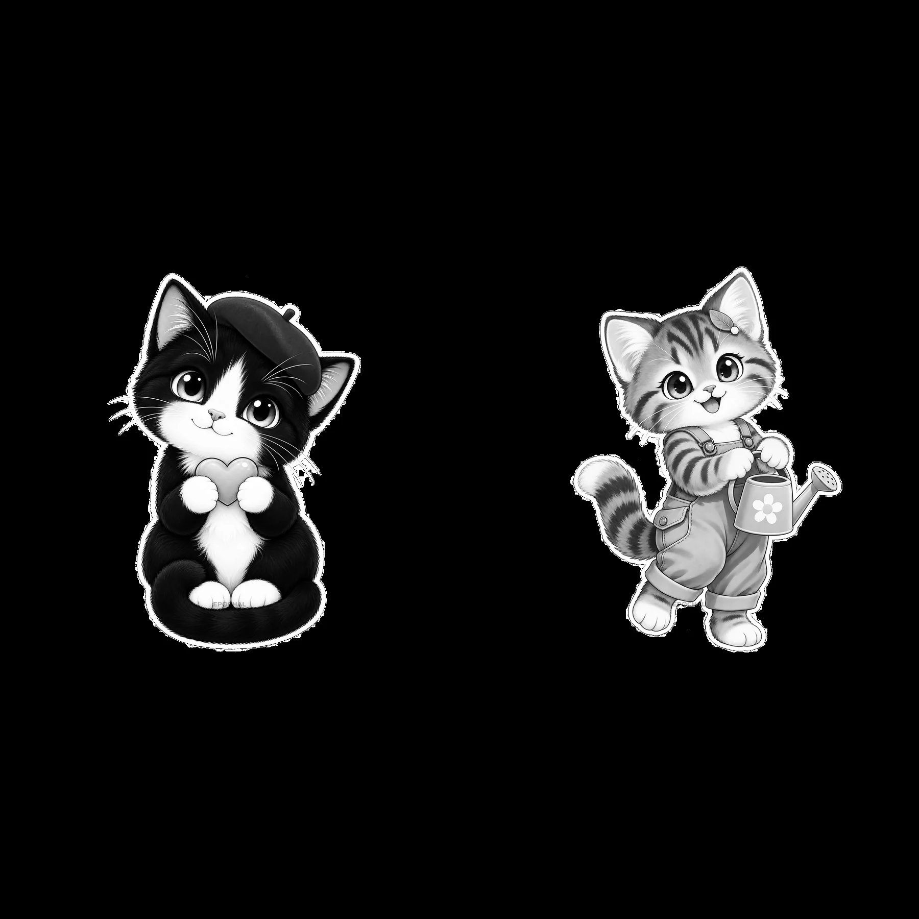 Kawaii cats with watering can in monochrome sticker illustration - AI-generated stock image