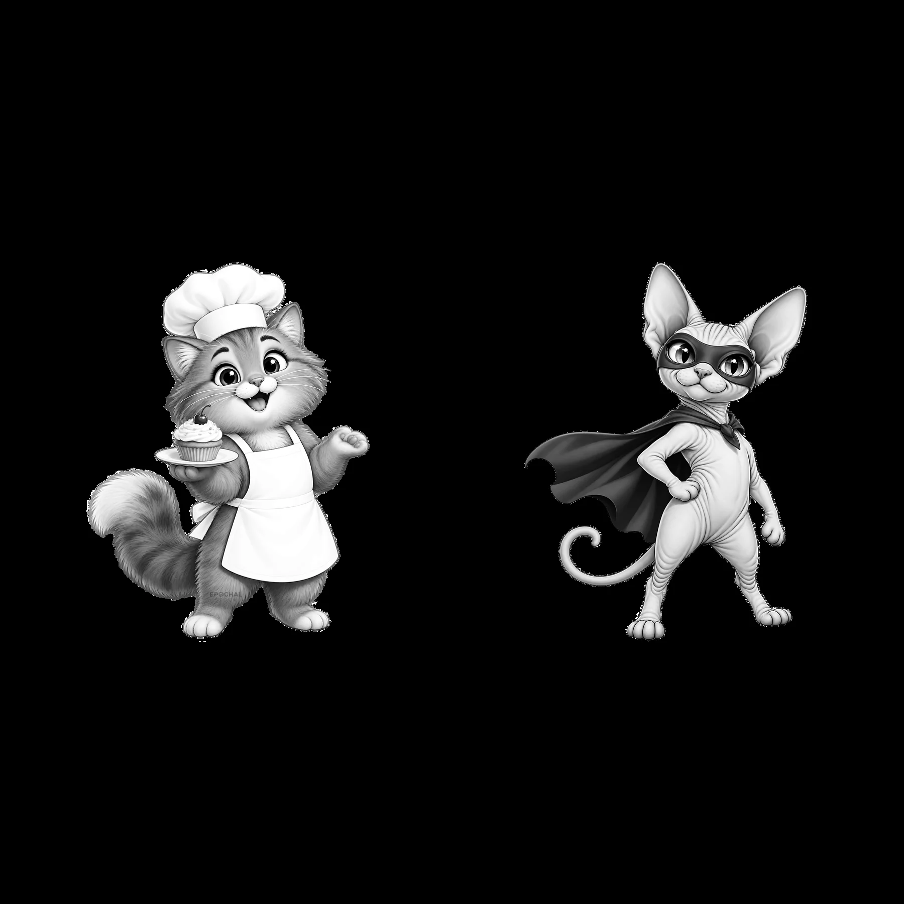 Chef cat with cupcake and superhero cat in black-and-white style - AI-generated stock image