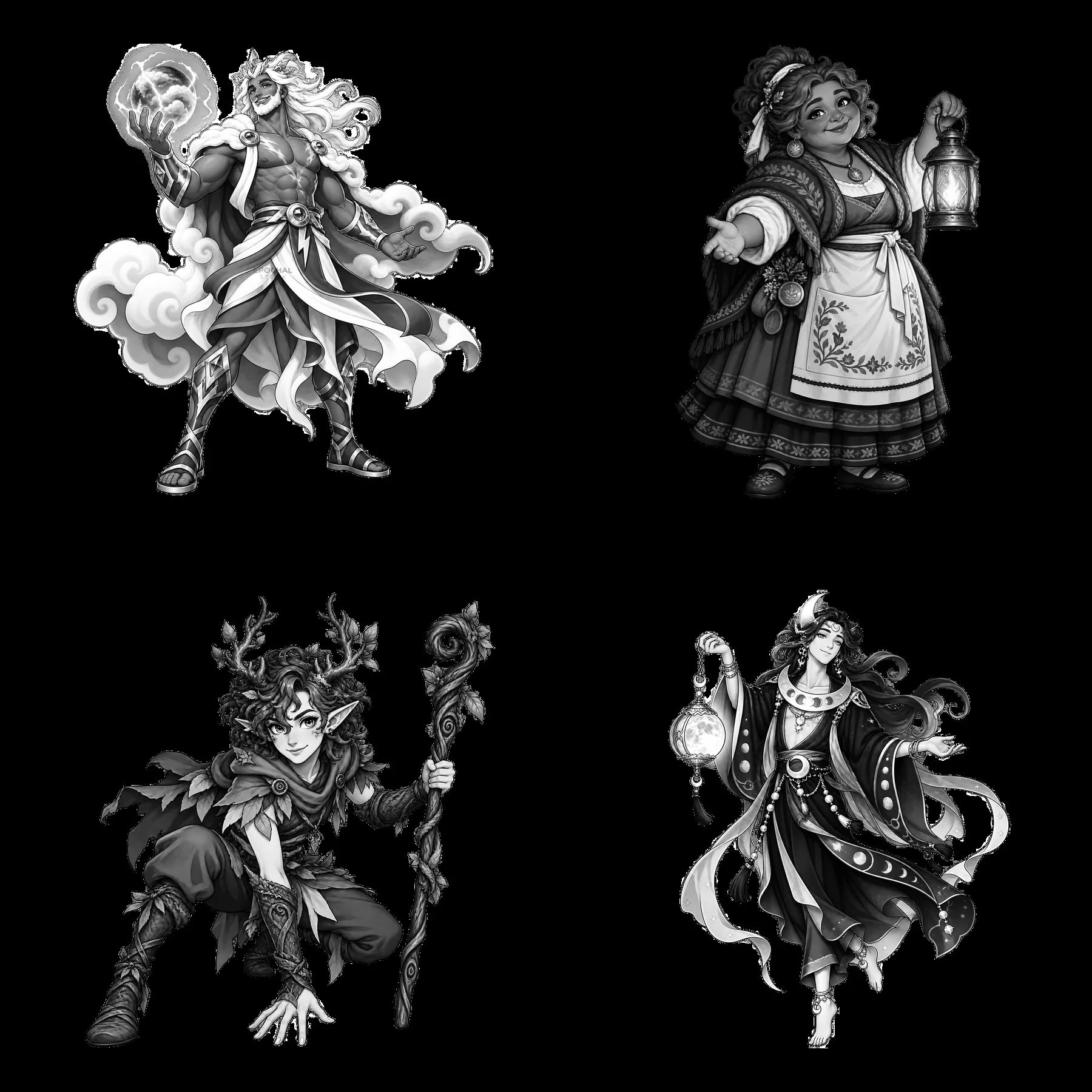 Four distinct black-and-white cartoon stickers of pagan gods - AI-generated stock image