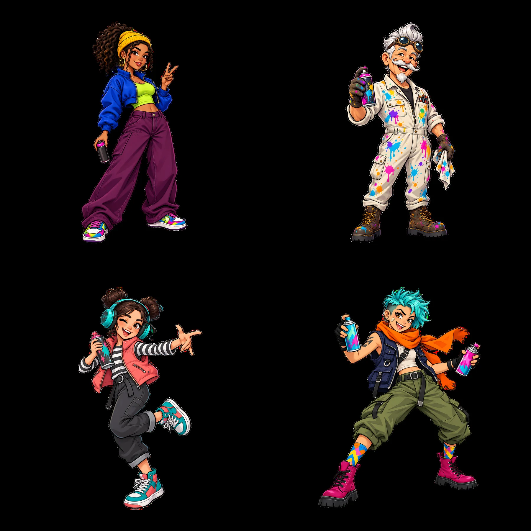 Cool graffiti sprayer characters in vibrant street style poses - AI-generated stock image