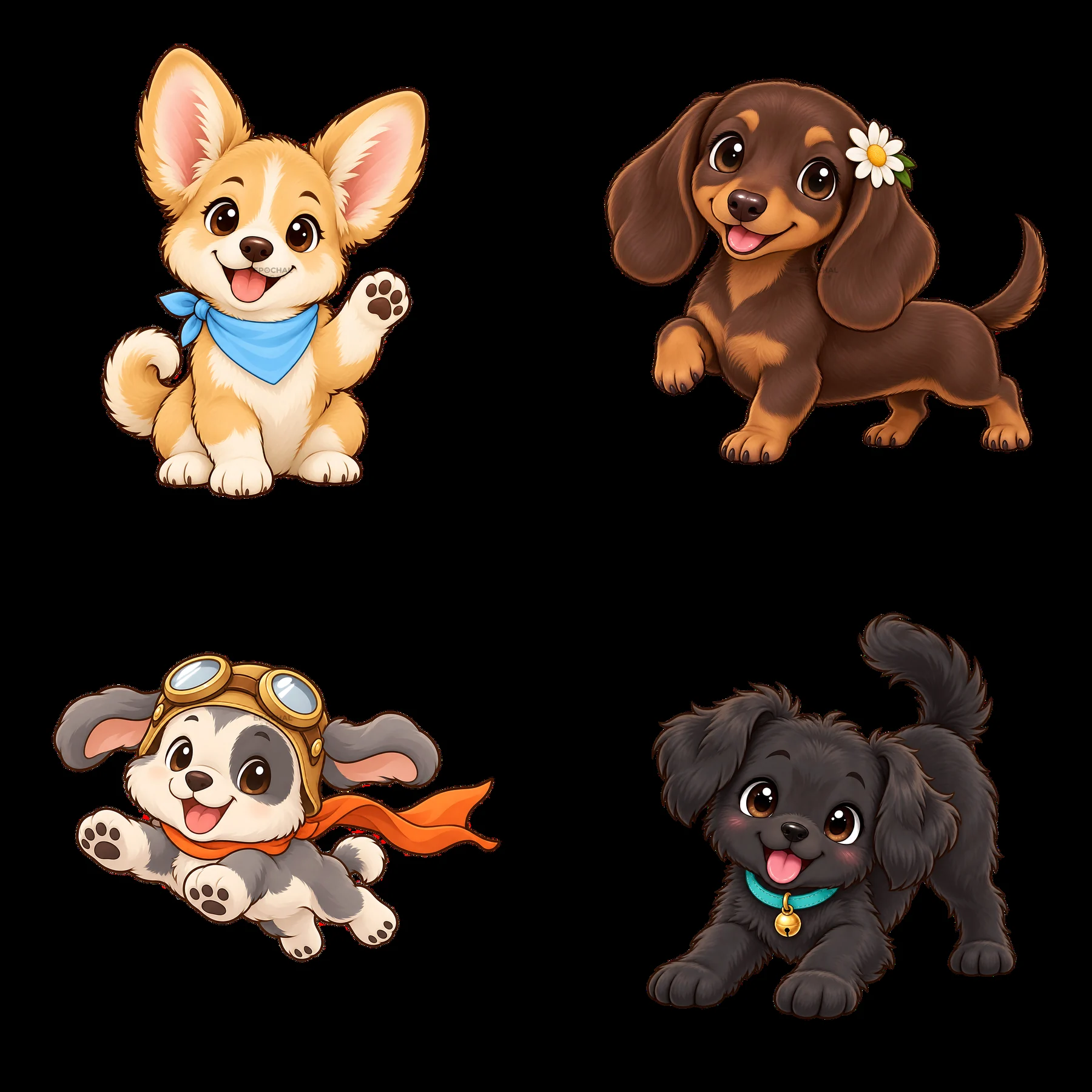 Cute cartoon dogs in fun poses and colorful outfits - AI-generated stock image