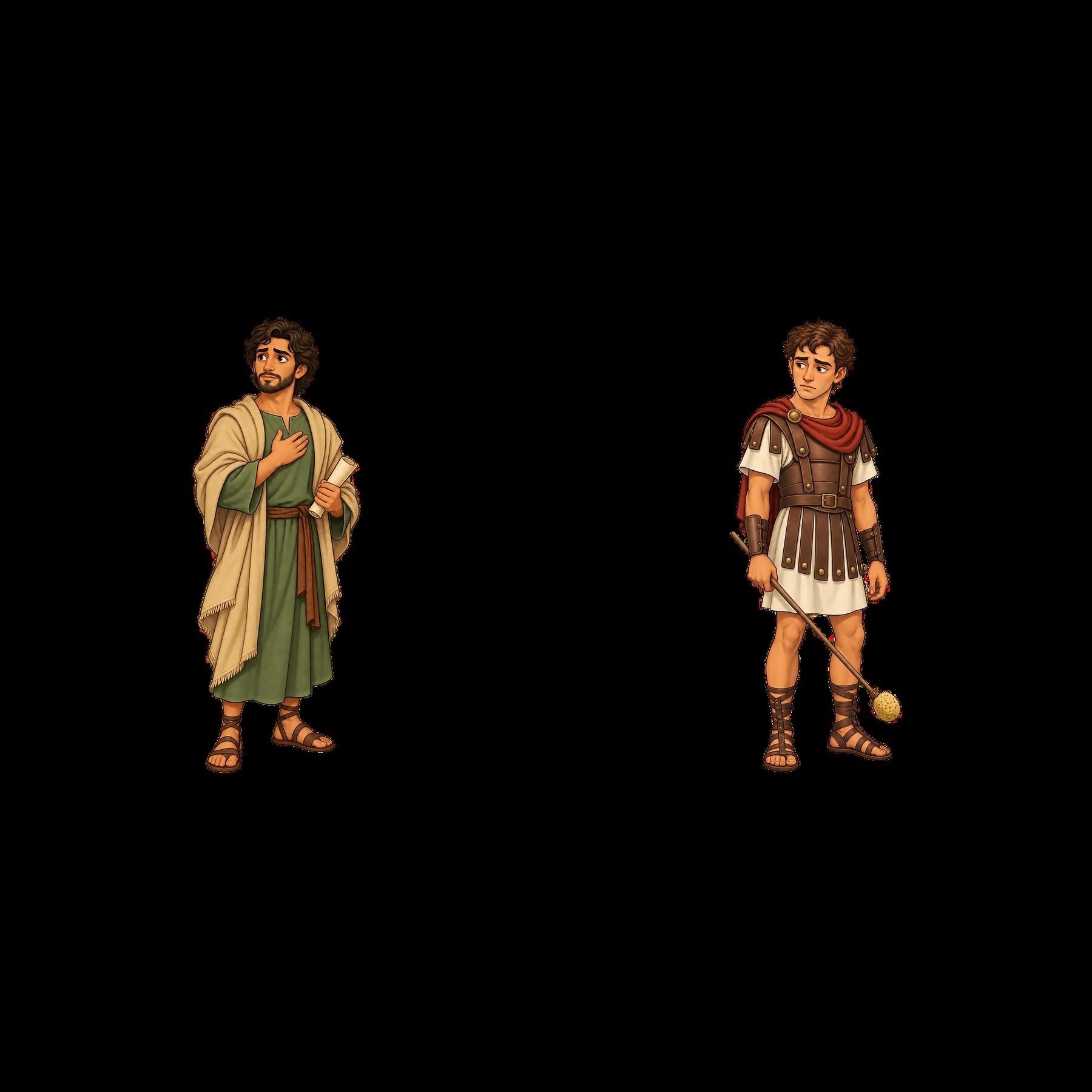 Jesus on the cross and soldier in Roman attire - AI-generated stock image