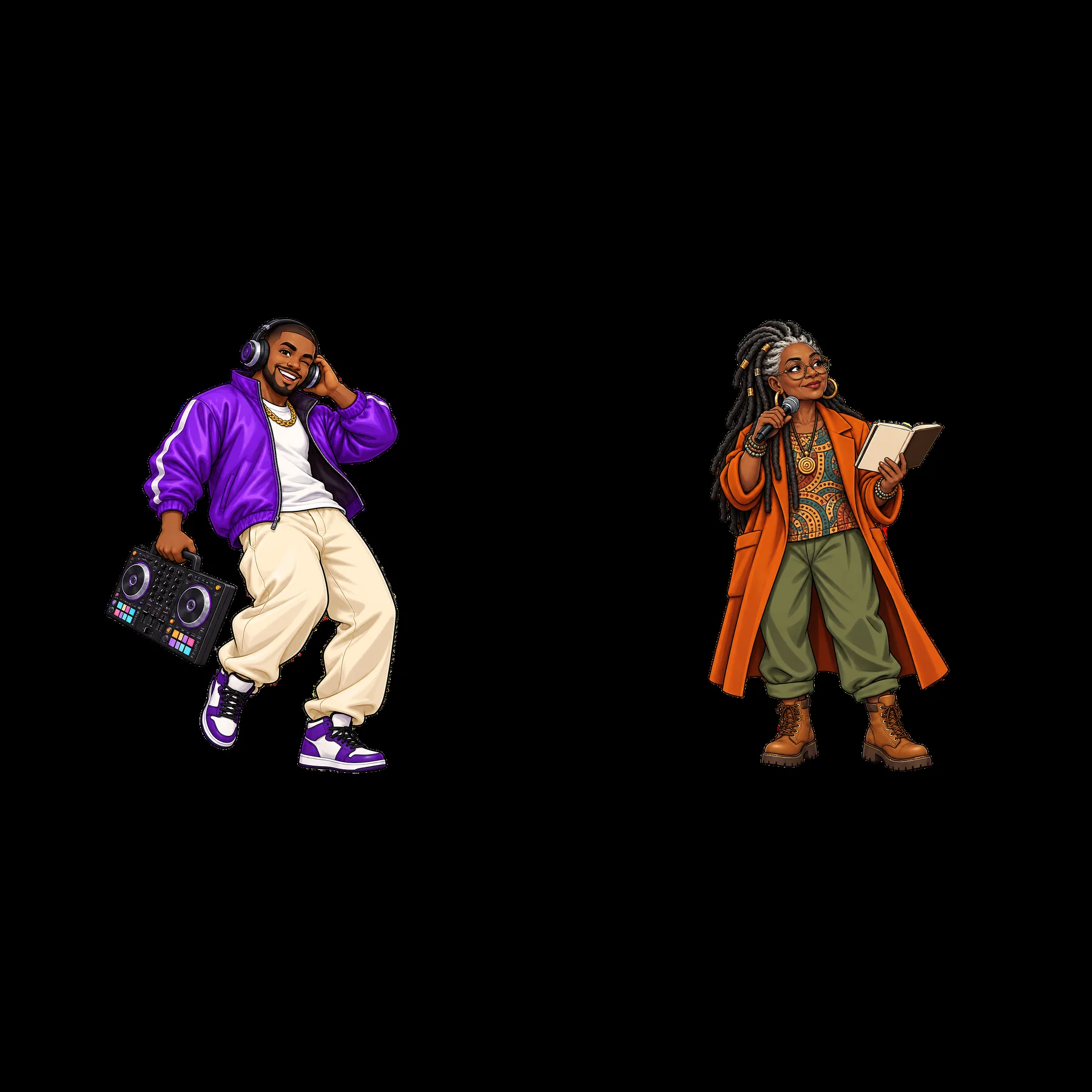 Hip-hop artists with DJ equipment and reading notes - AI-generated stock image