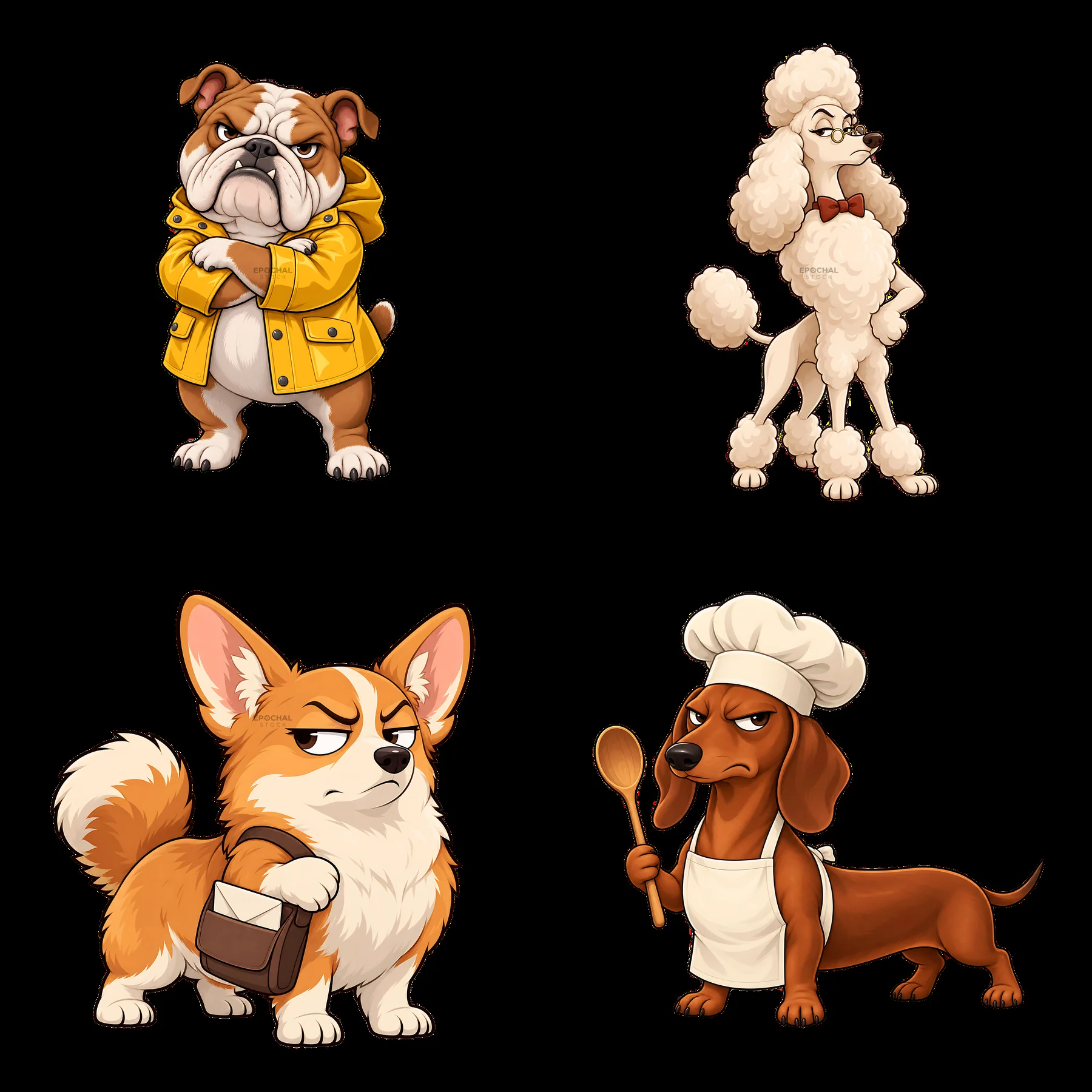 Grumpy dog sticker collection with various breeds and actions - AI-generated stock image