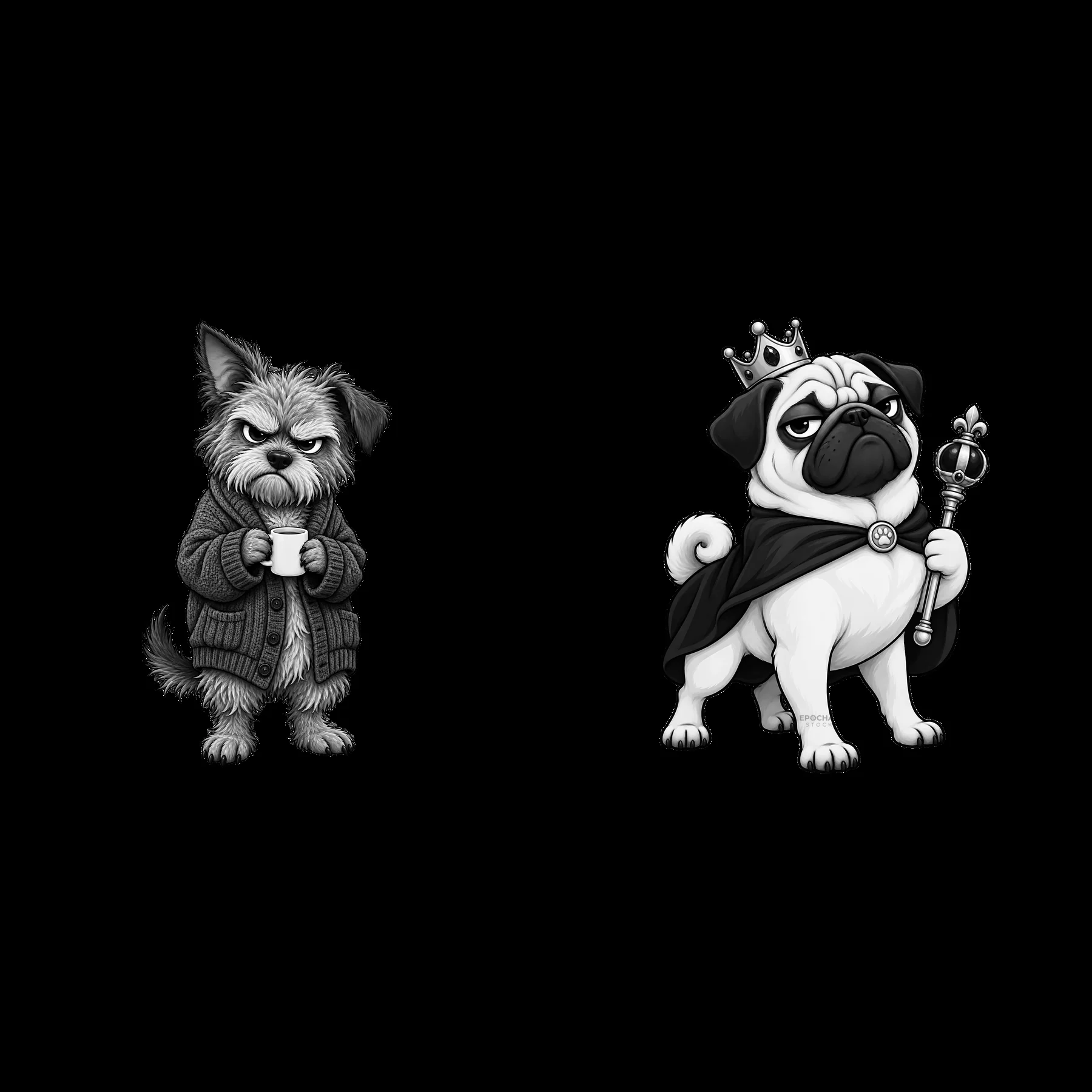 Grumpy dog duo with coffee cup and royal pug in black and white - AI-generated stock image