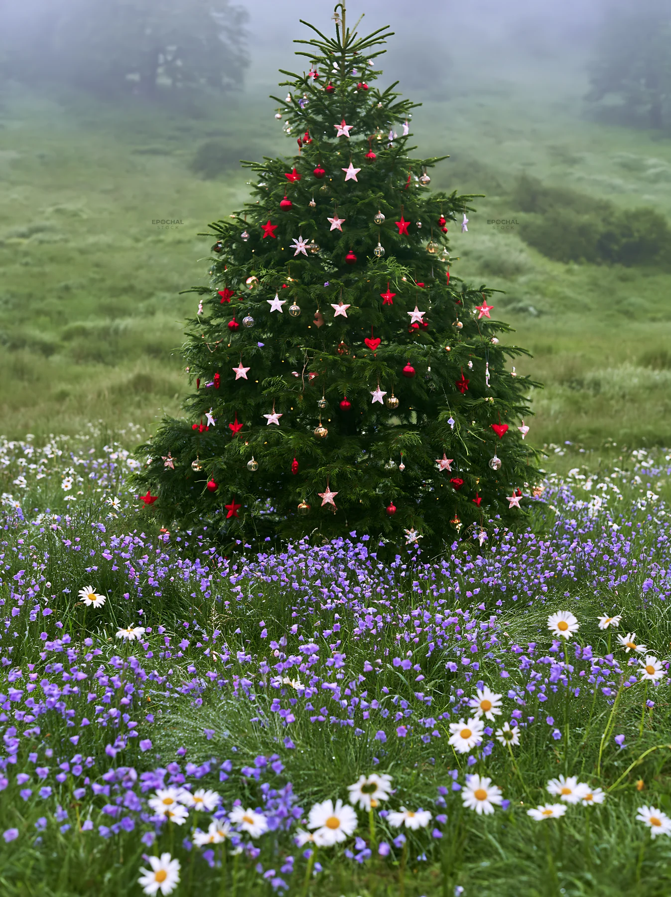 Christmas tree with ornaments in valley meadow - AI-generated stock image