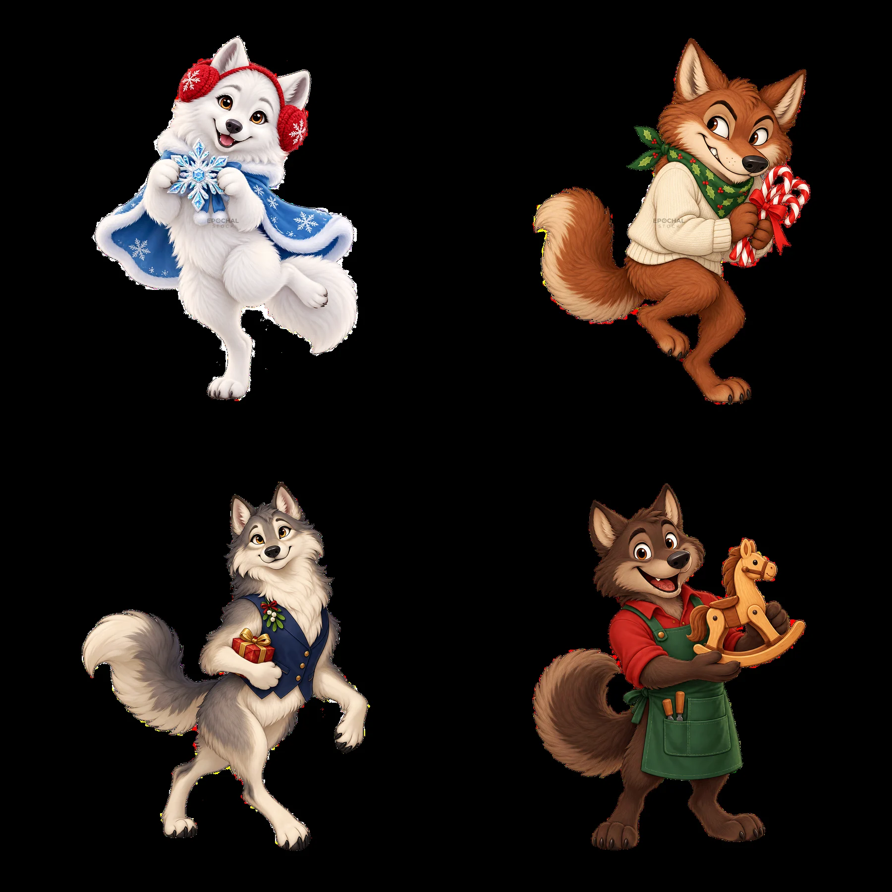 Christmas wolves celebrating with festive items and decorations - AI-generated stock image
