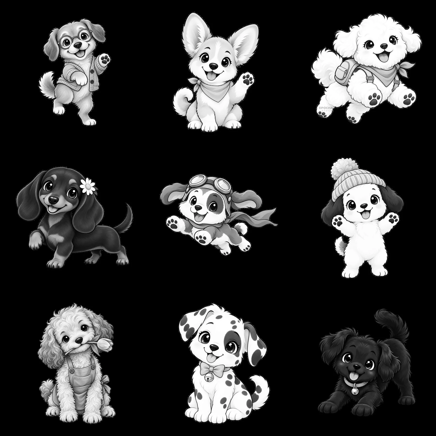 Cute dog cartoon characters in a 3x3 grid of stickers - AI-generated stock image