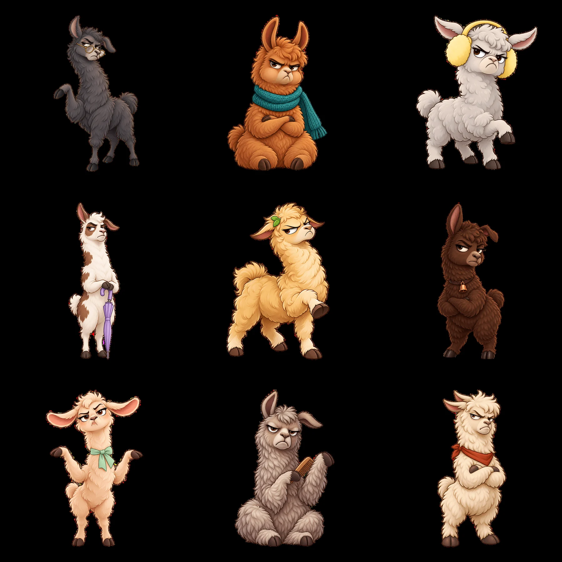 Grumpy llamas in various poses and expressions arranged in grid - AI-generated stock image
