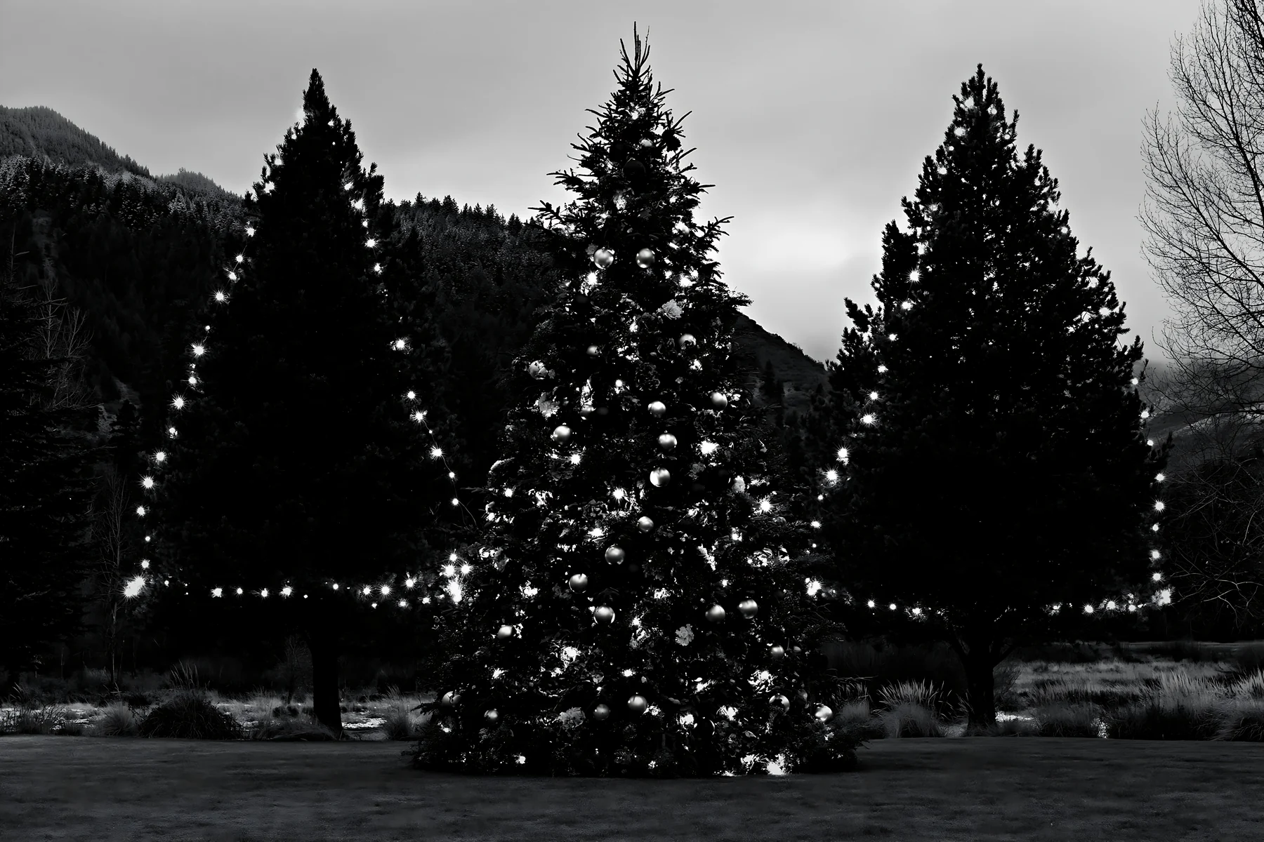 Christmas tree with ornaments in valley meadow - AI-generated stock image