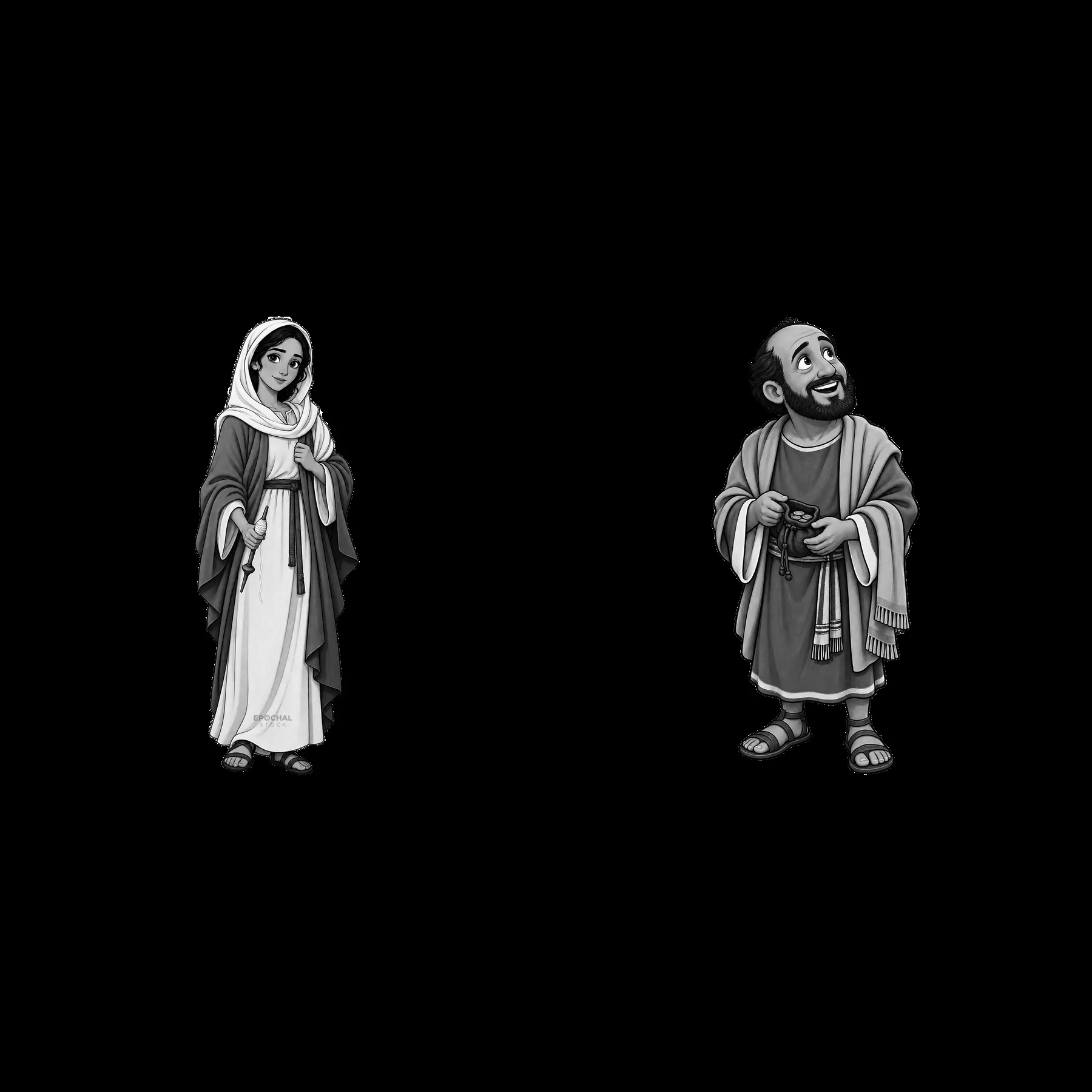 Jesus and a figure in traditional attire, monochrome cartoon style - AI-generated stock image