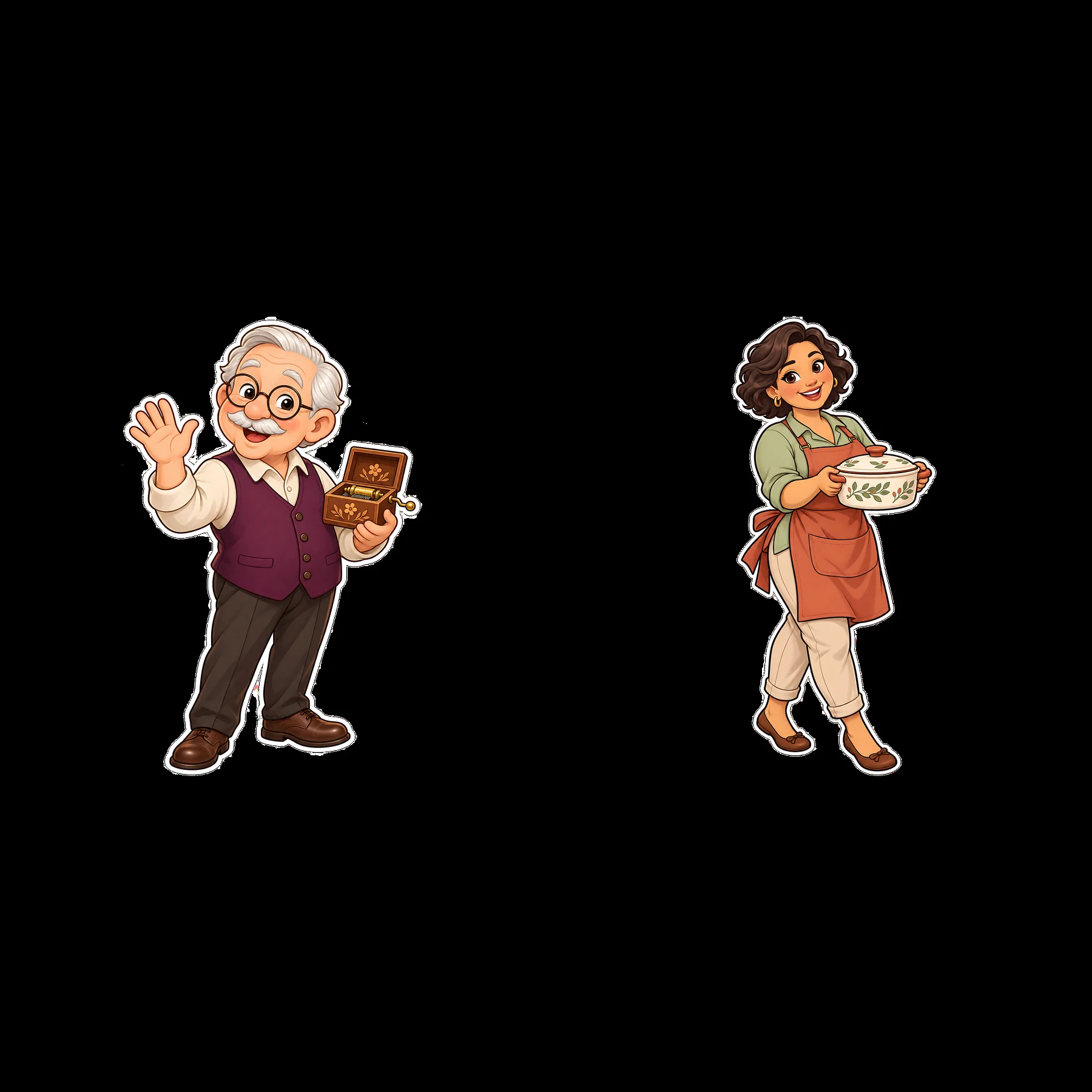 Grandfather holding a box and grandmother with a bowl - AI-generated stock image