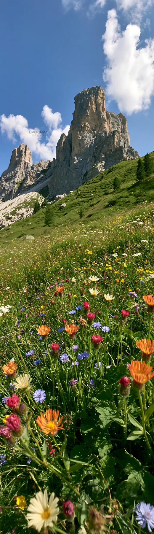 Regenerative meadow with colorful wildflowers and mountains - AI-generated stock image