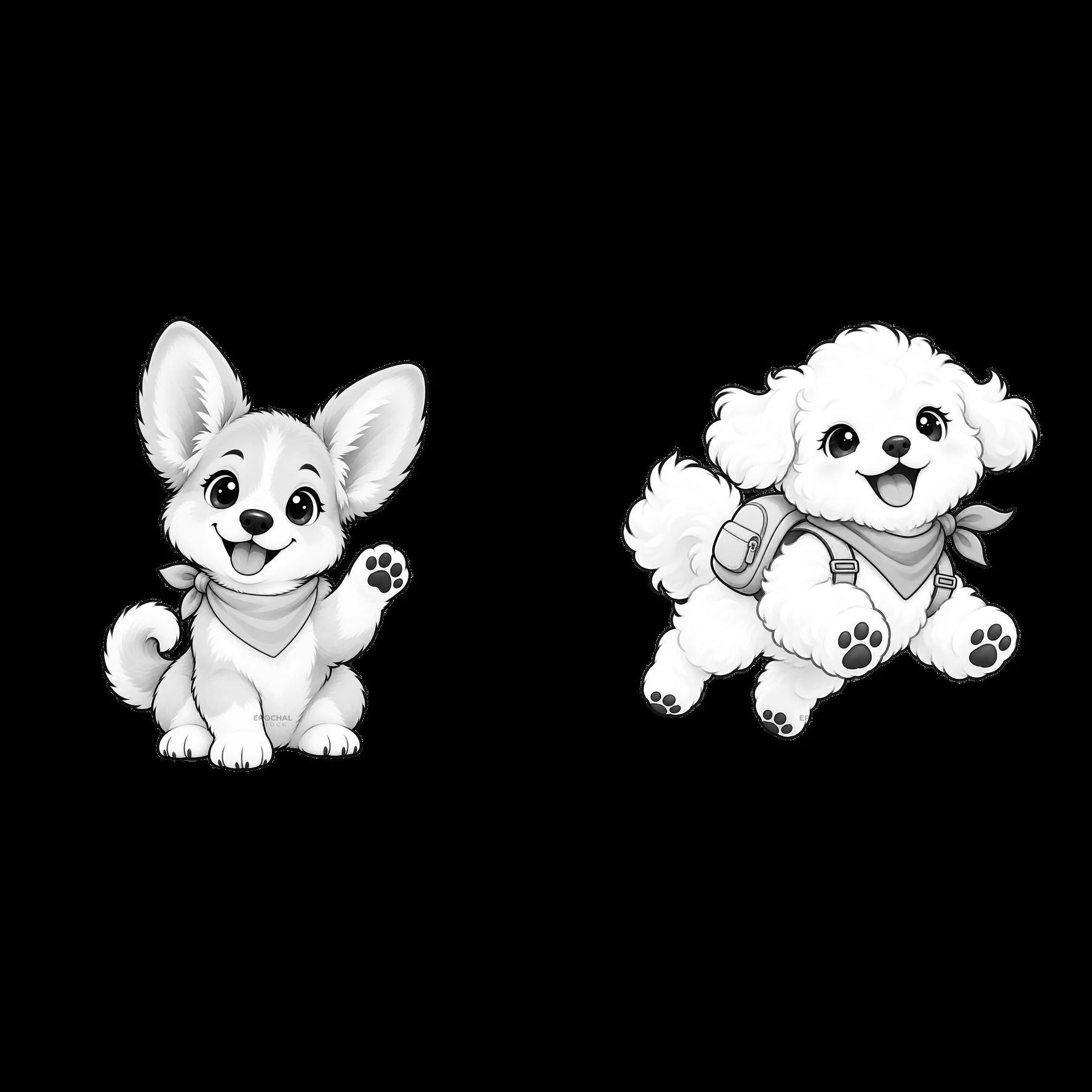 Cute dog sticker set featuring a corgi and a poodle in black and white - AI-generated stock image