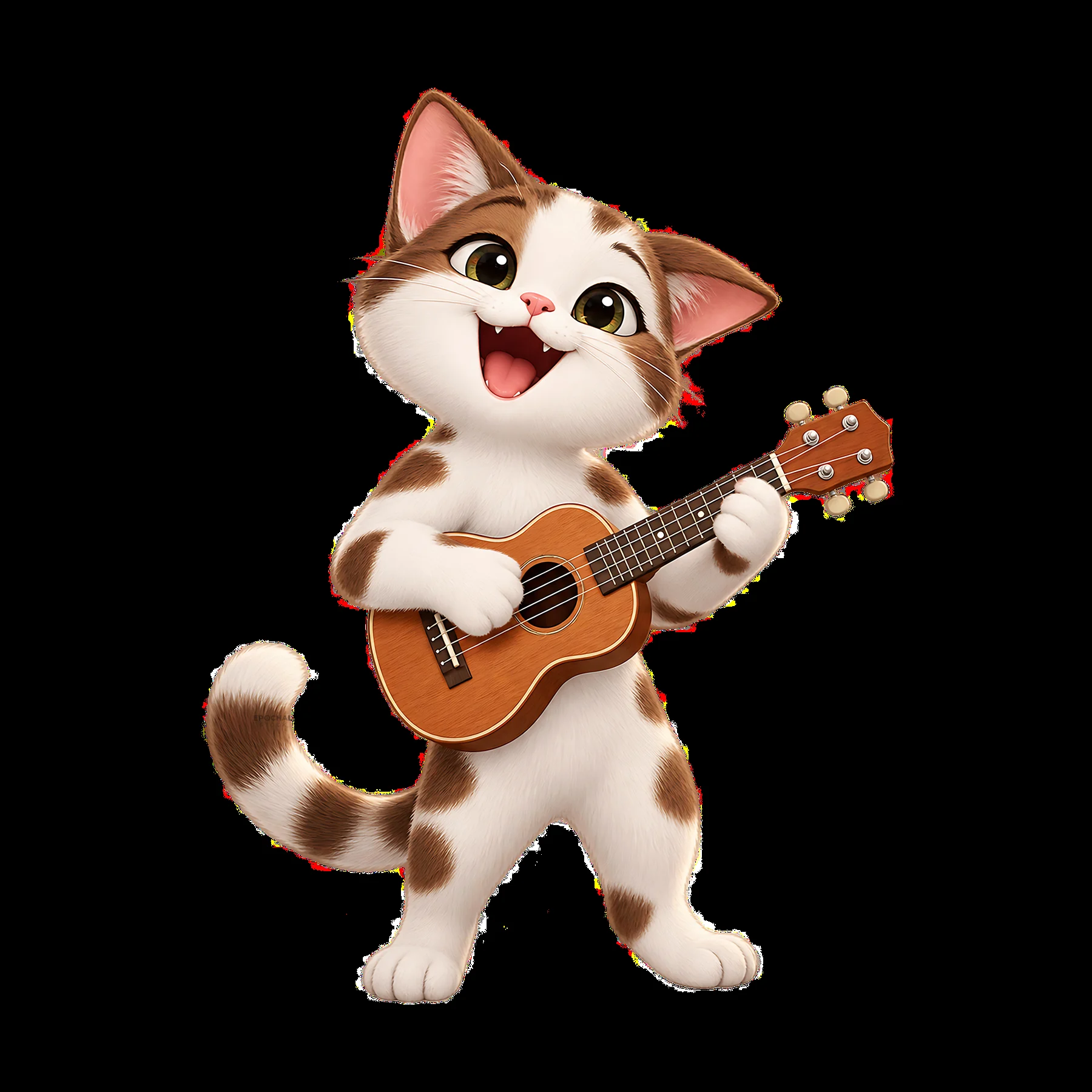 Happy cartoon cat playing ukulele with a big smile - AI-generated stock image