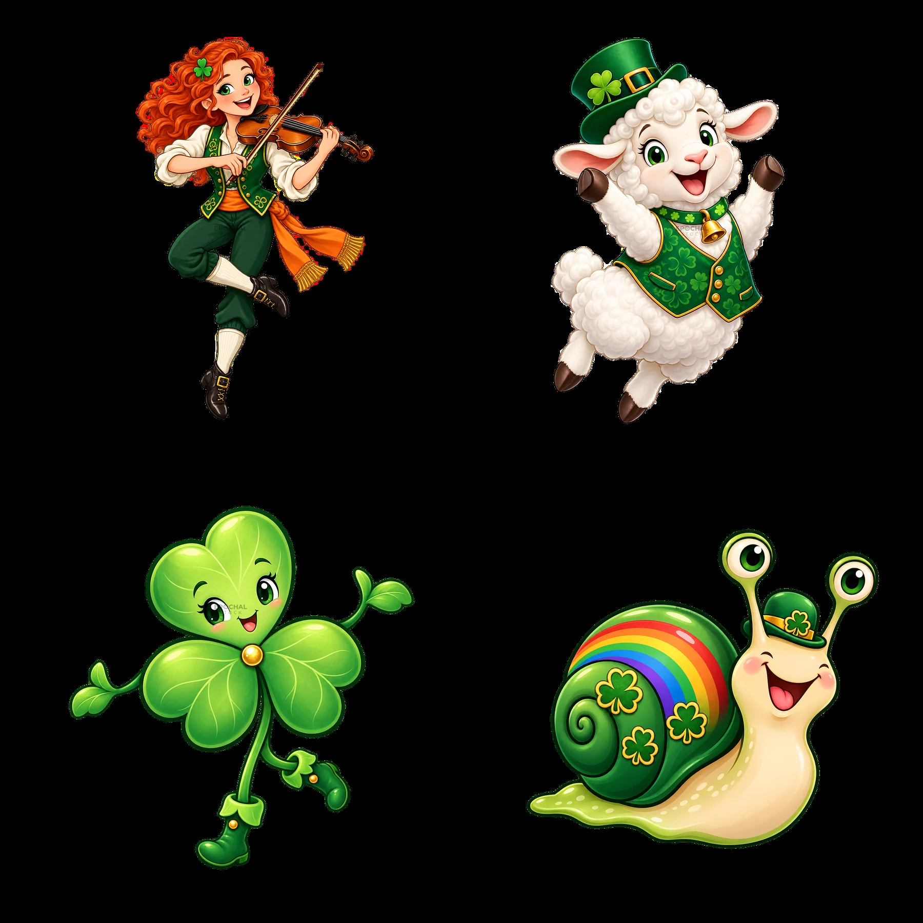 St. Patrick's Day characters with a girl, sheep, clover, and snail - AI-generated stock image