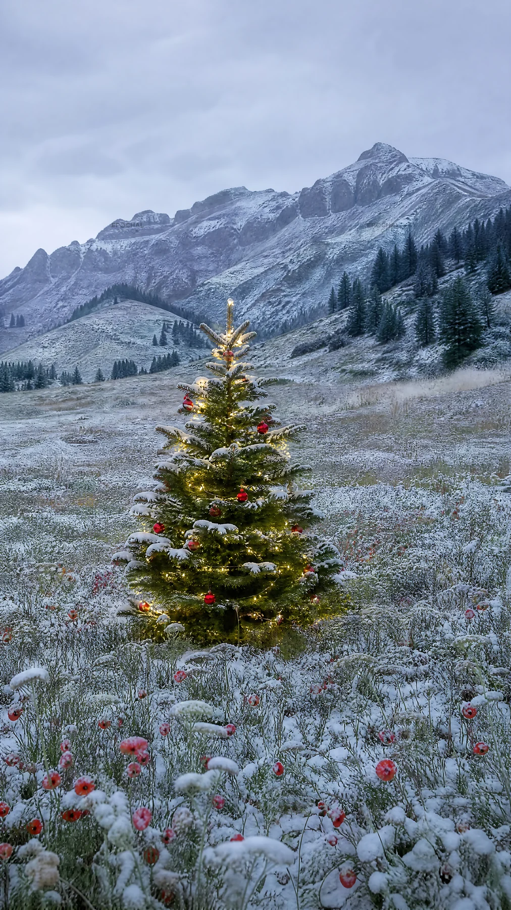 Christmas tree in mountain valley meadow with snowy landscape - AI-generated stock image