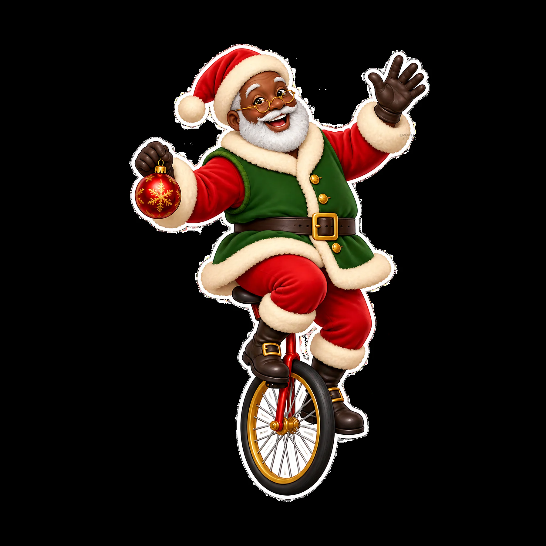 Santa Claus riding a unicycle while holding a red ornament - AI-generated stock image