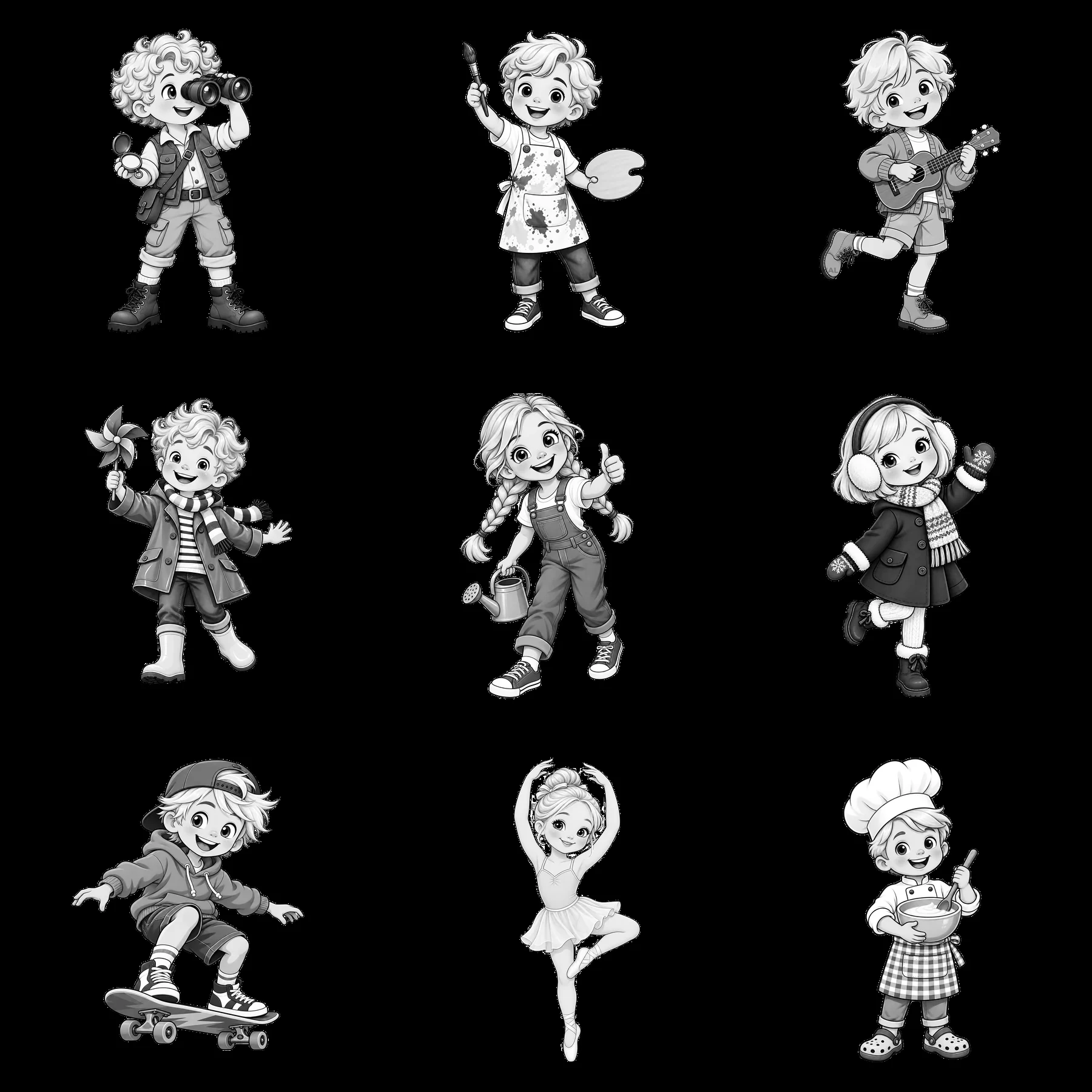 Blond child characters engaging in various activities - AI-generated stock image