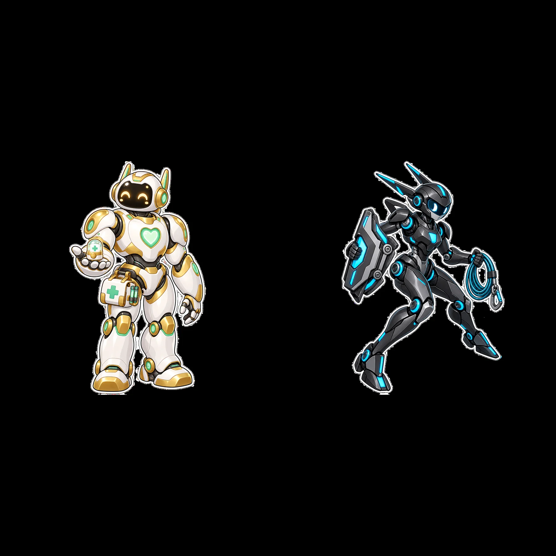 Mech robot duo with medical and battle themes - AI-generated stock image