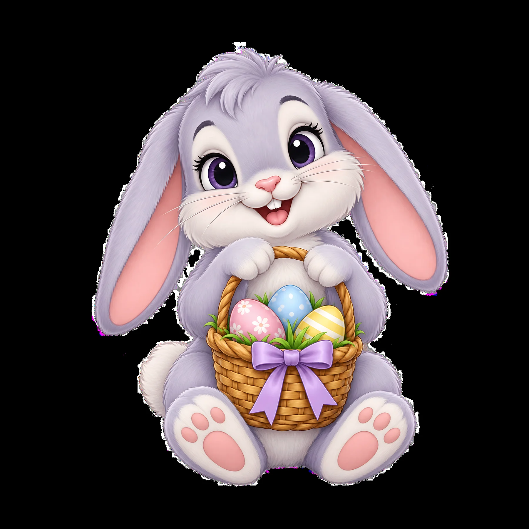 Happy bunny holding a basket of colorful Easter eggs - AI-generated stock image
