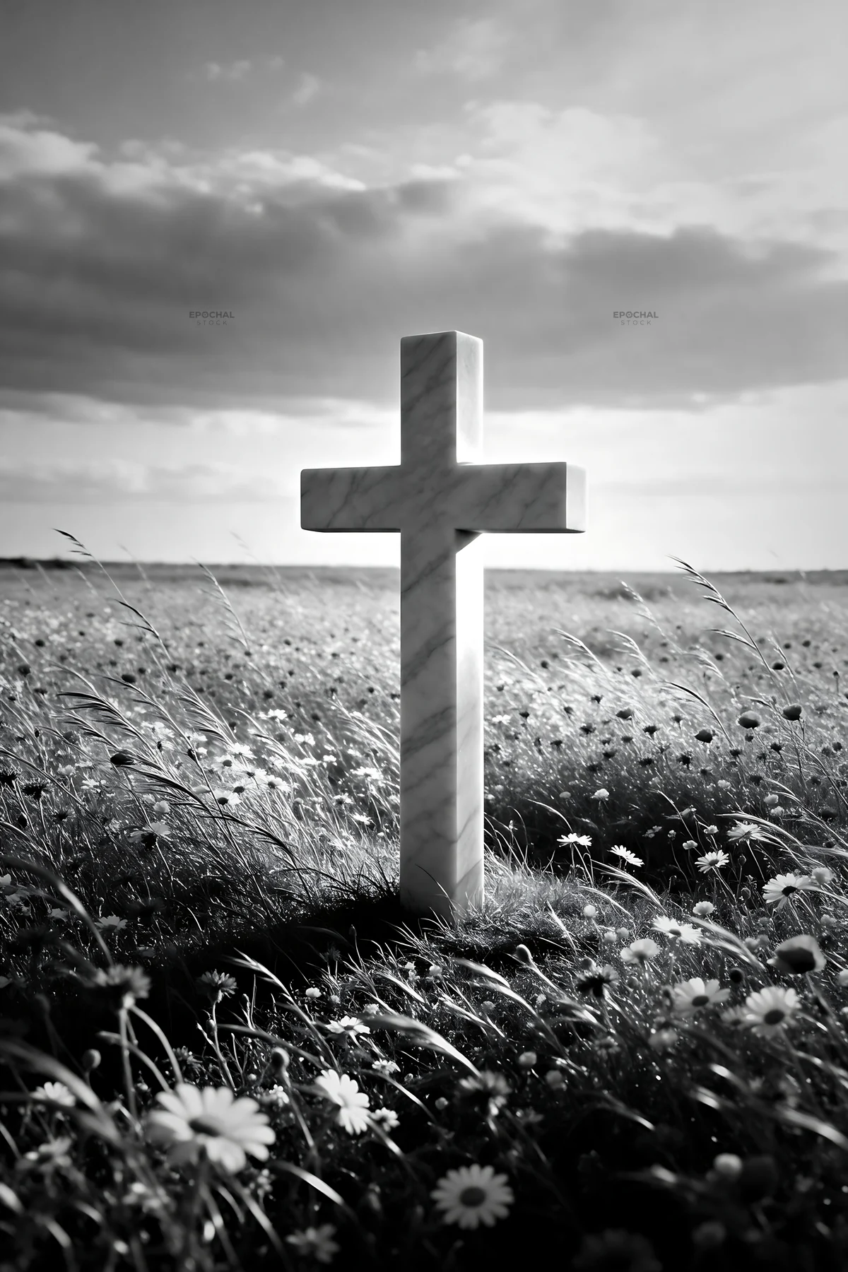 Marble Christian cross in a quiet meadow with wildflowers - AI-generated stock image