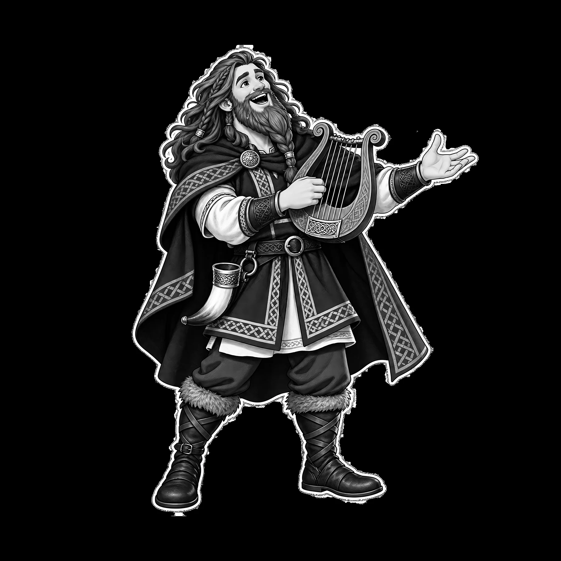 Odin the Norse All-Father playing a harp in black and white - AI-generated stock image