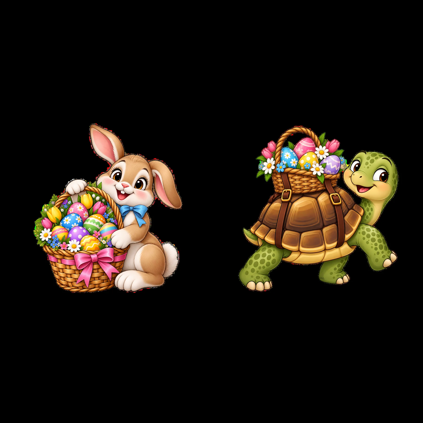 Easter bunny with basket and tortoise carrying eggs illustration - AI-generated stock image