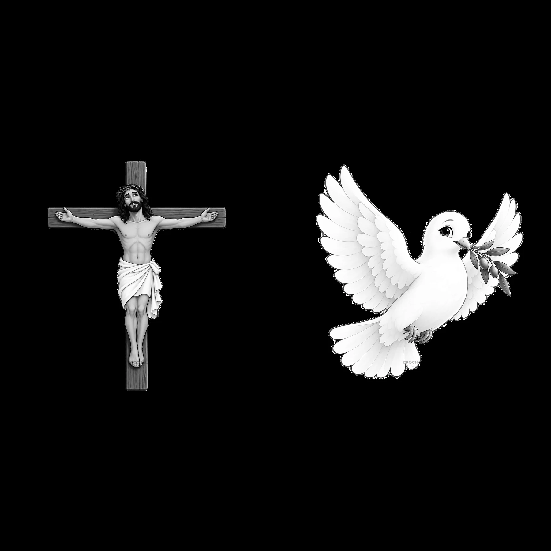 Jesus on the cross with dove carrying an olive branch - AI-generated stock image