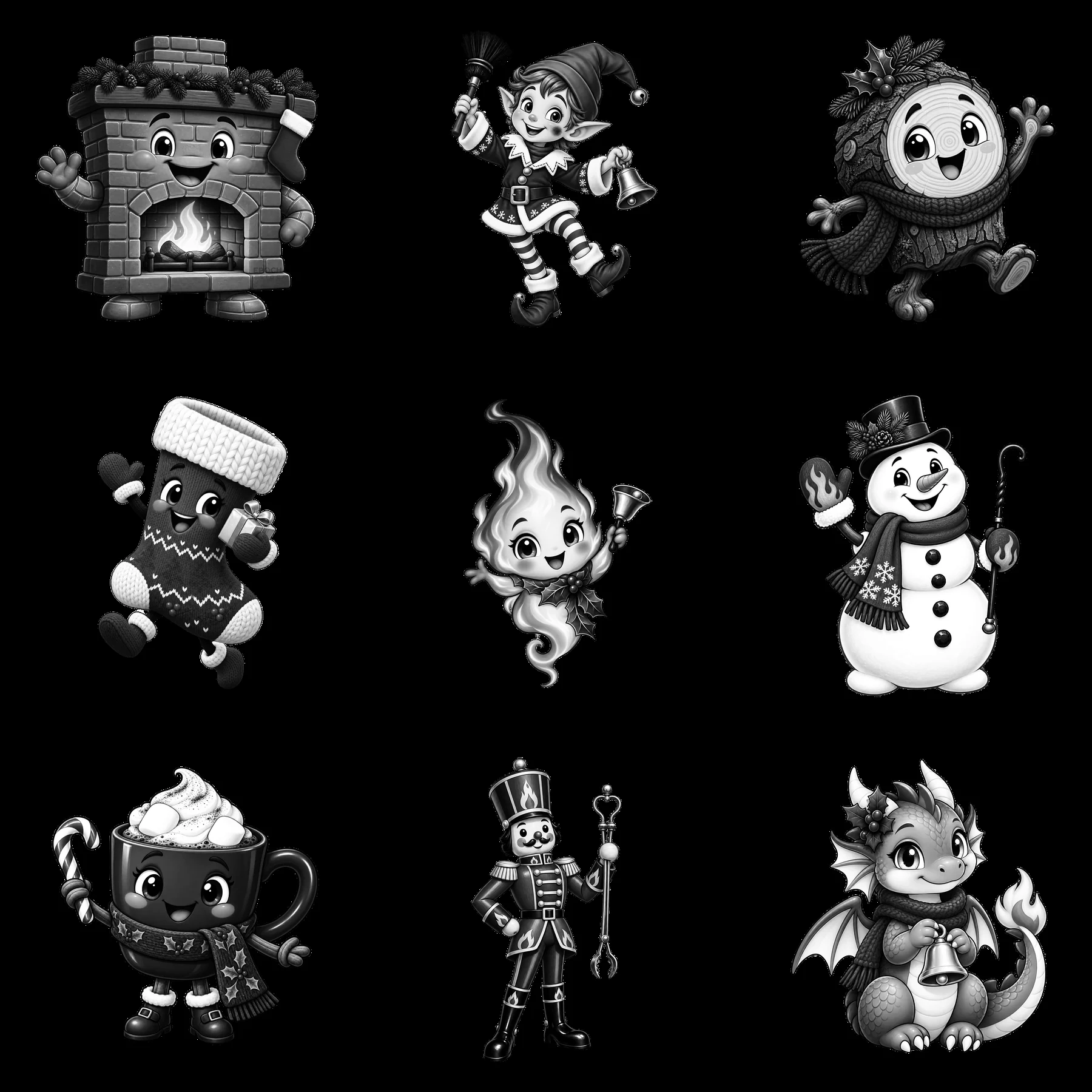 Monochrome nine cartoon figure stickers in a square arrangement - AI-generated stock image