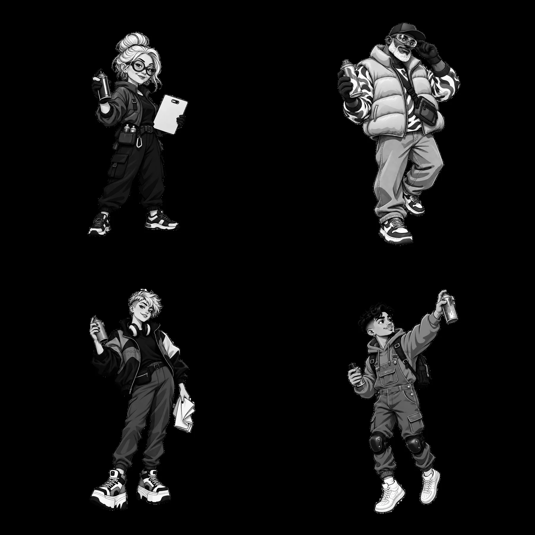 Graffiti artists in streetwear poses with spray cans and accessories - AI-generated stock image