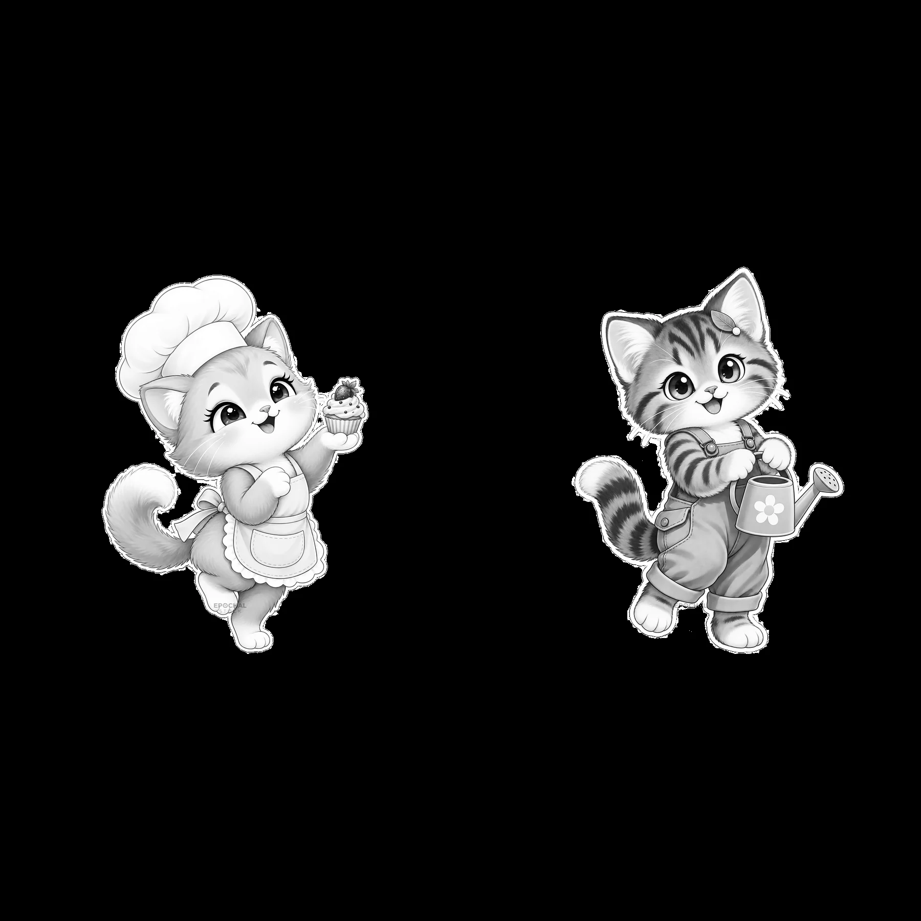 Kawaii cat characters with cupcake and watering can - AI-generated stock image