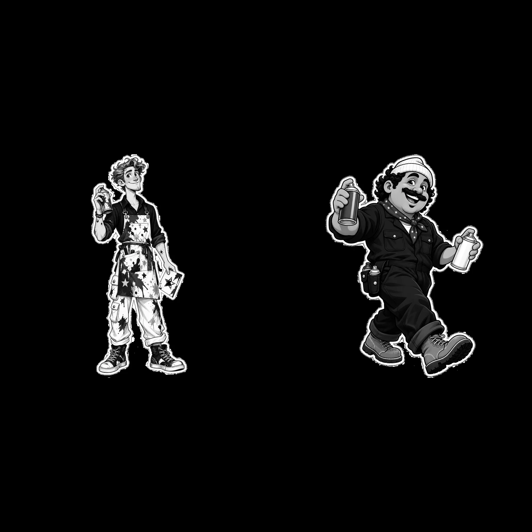 Two cartoon characters are shown holding spray paint cans - AI-generated stock image