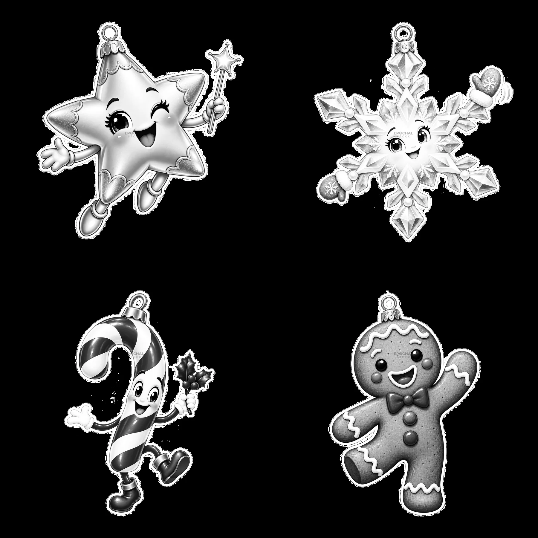 Monochrome four cartoon figure stickers in a square arrangement - AI-generated stock image