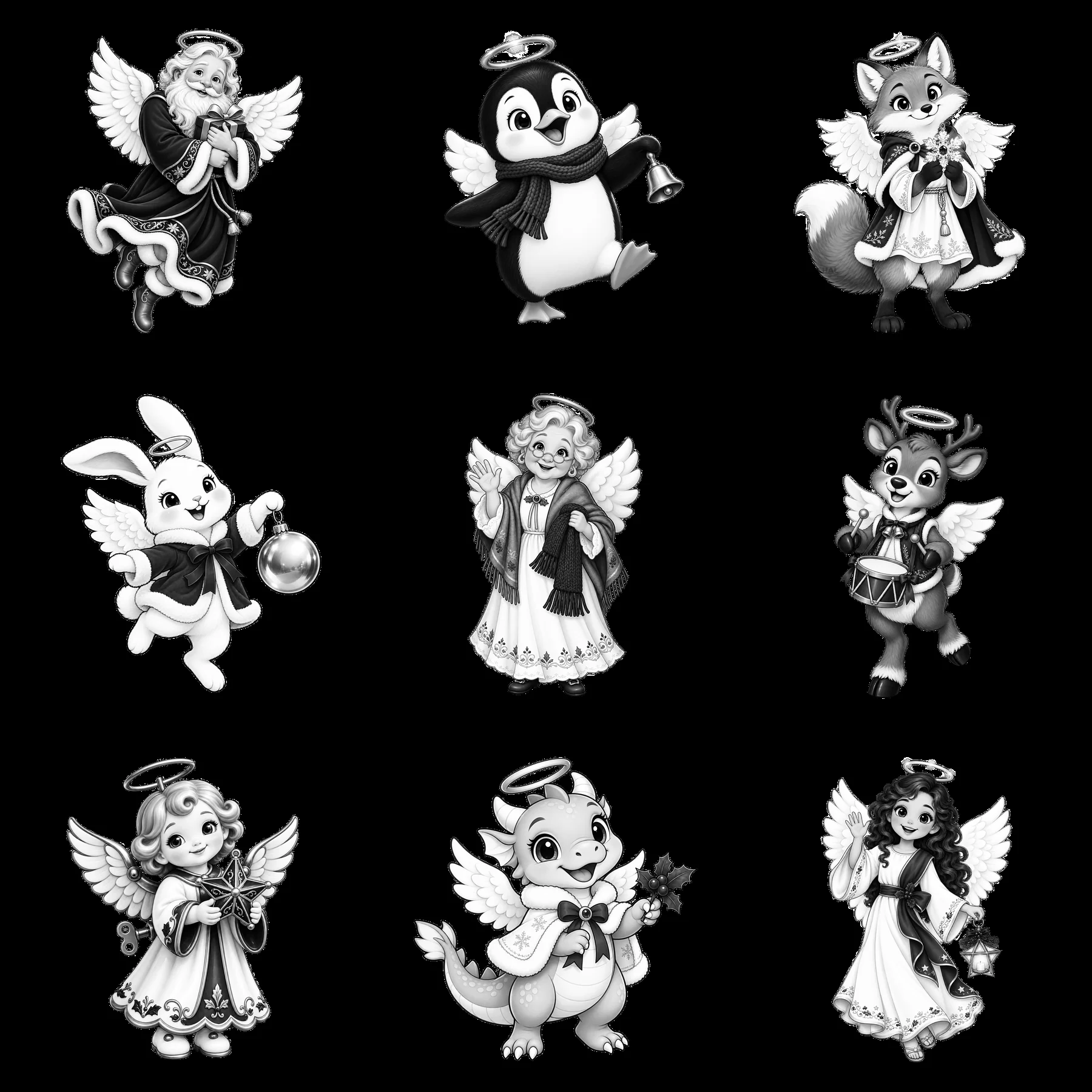 Christmas angel characters holding gifts and decorations - AI-generated stock image