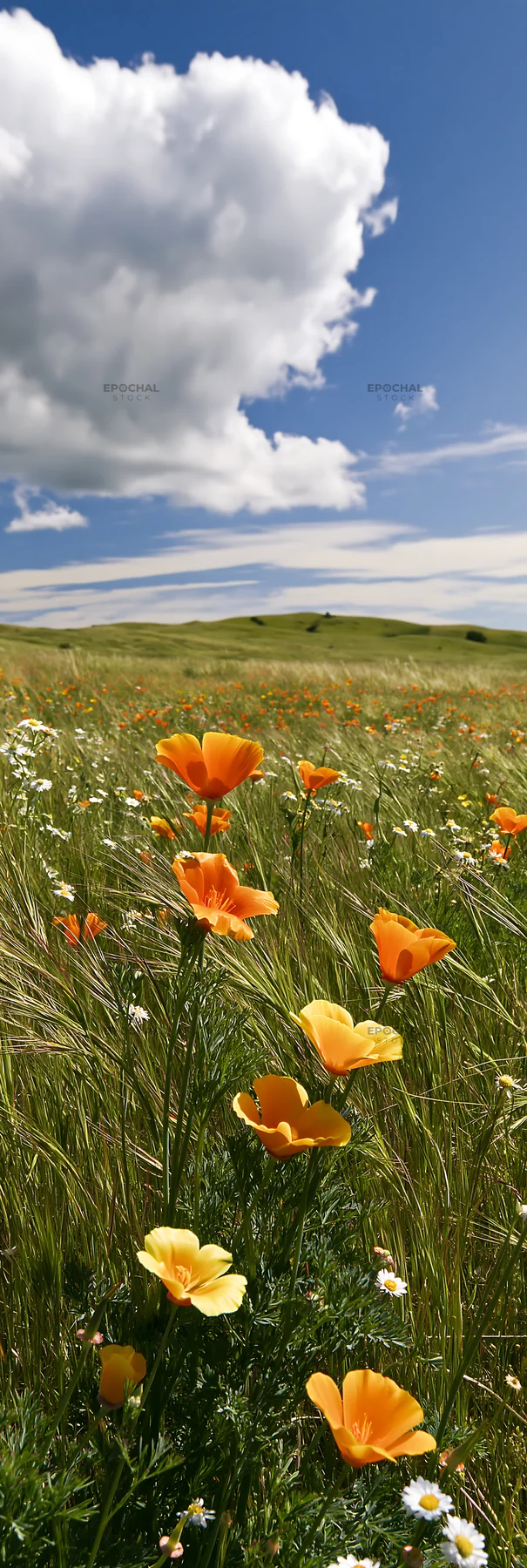 Regenerative meadow with orange flowers under a blue sky - AI-generated stock image