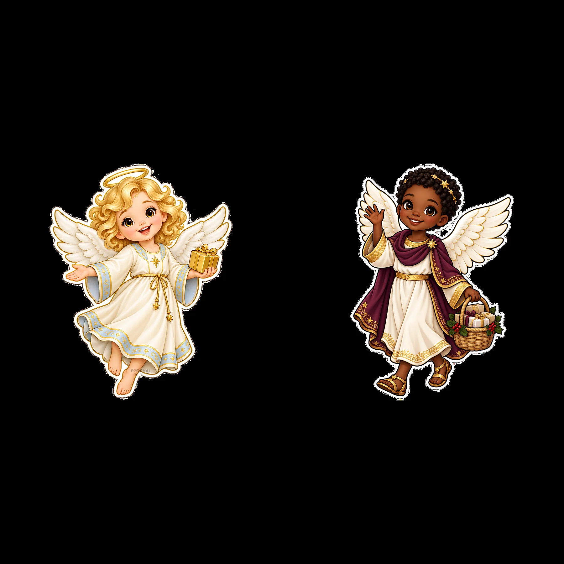 Christ Child characters with gifts and baskets in Christmas attire - AI-generated stock image