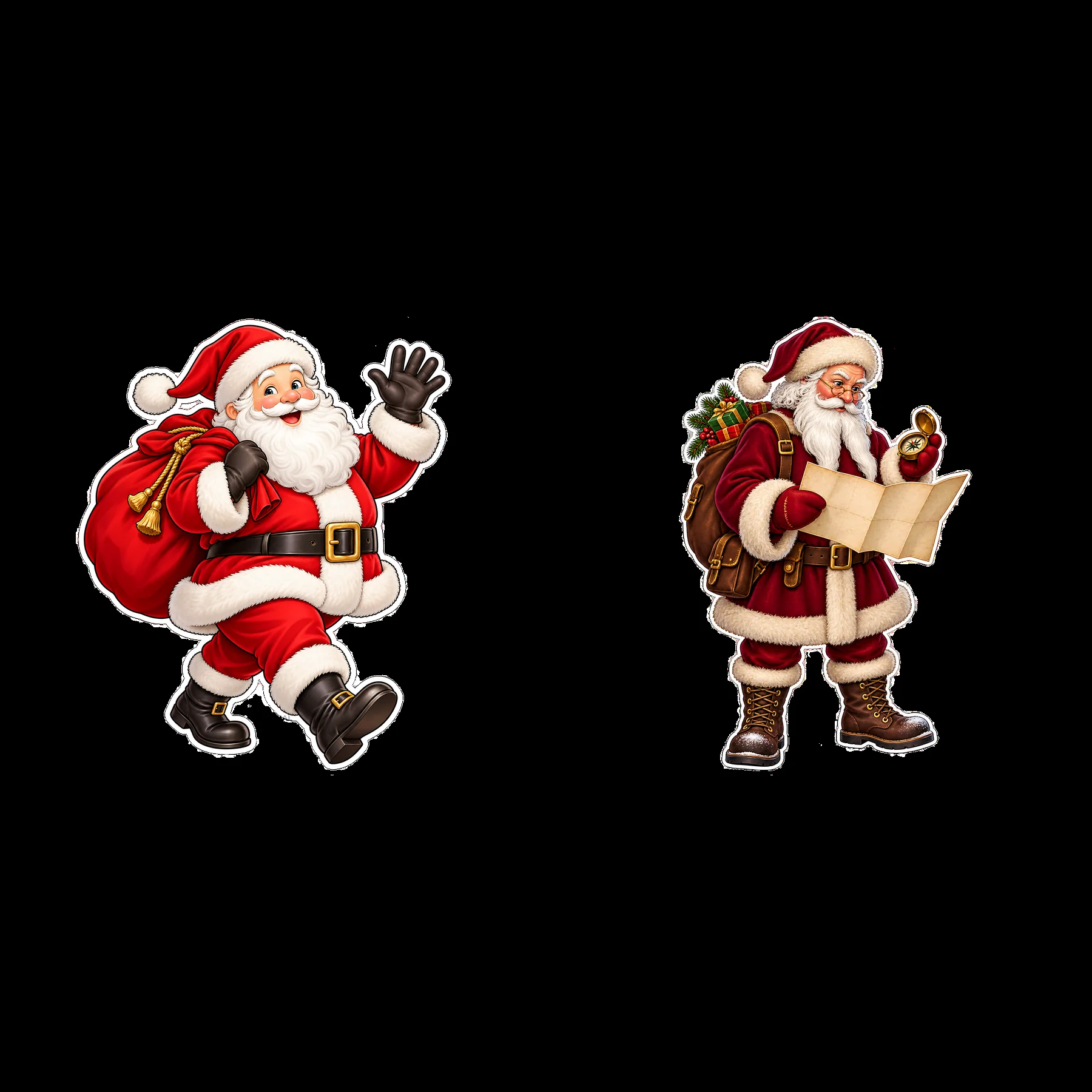 Santa Claus walking with bag and Santa checking map - AI-generated stock image