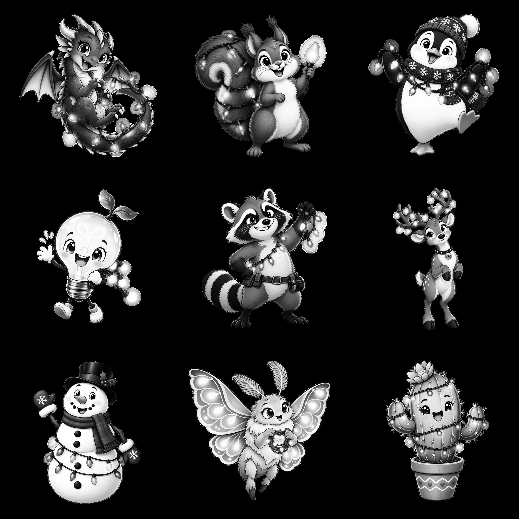 Cartoon characters with string lights in a 3x3 grid layout - AI-generated stock image