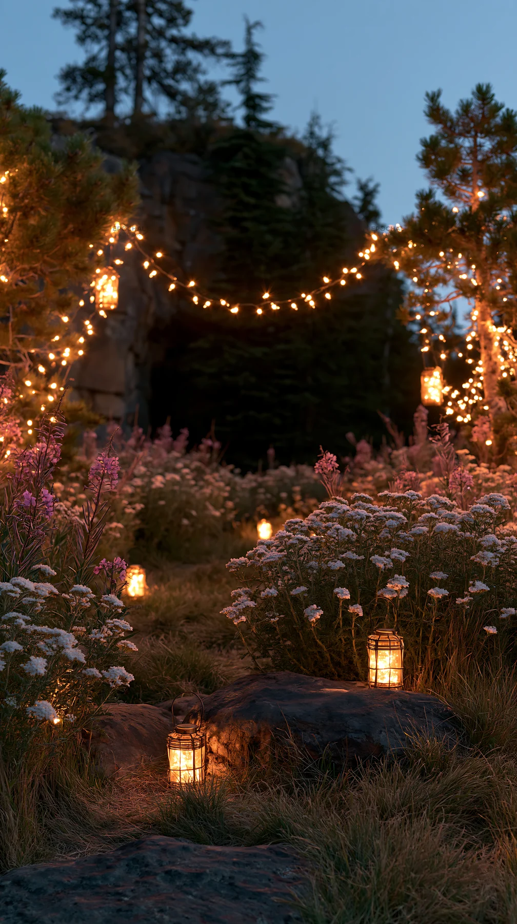 Christmas lanterns illuminate a meadow at dusk by a cave - AI-generated stock image