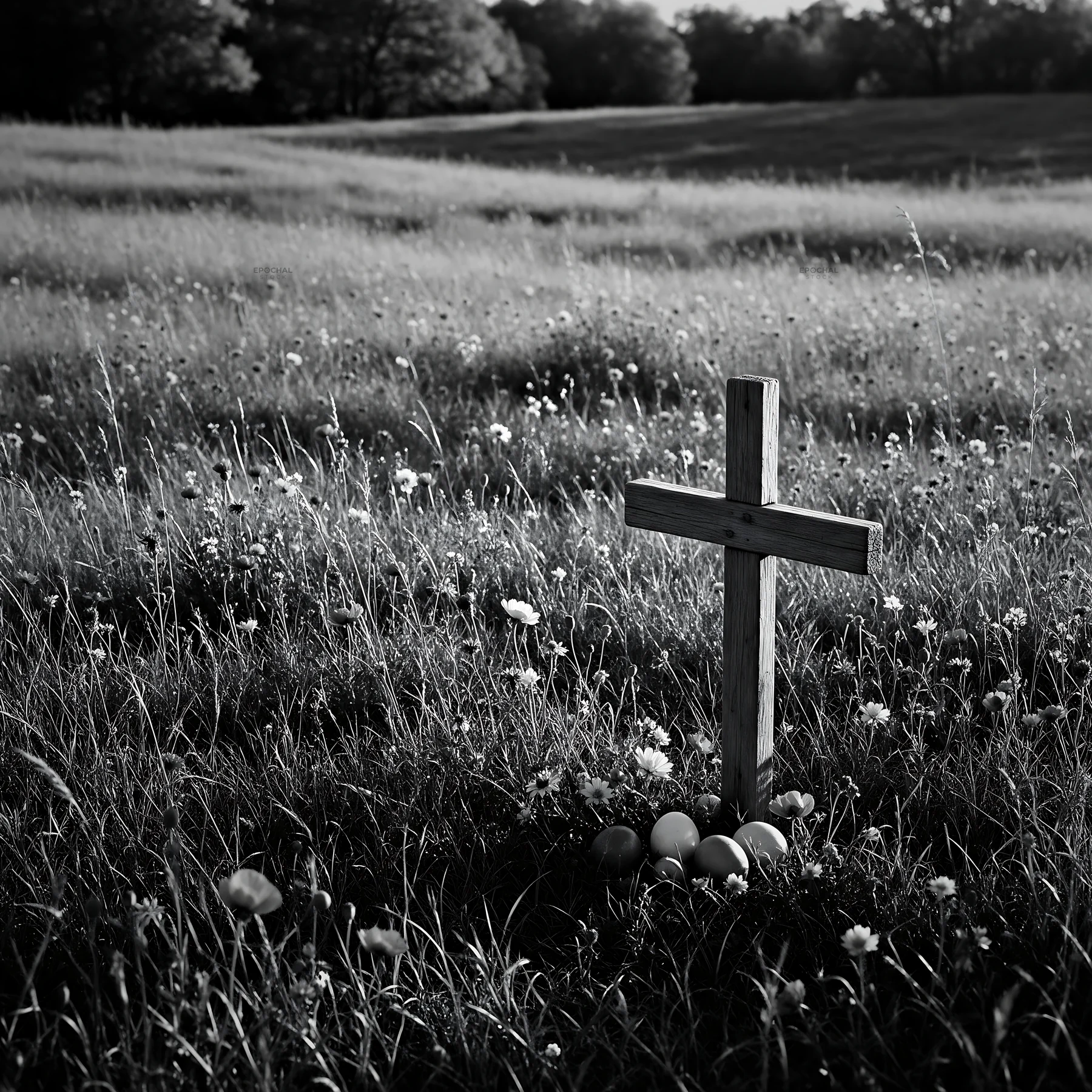Christian cross in autumn meadow with copper light - AI-generated stock image