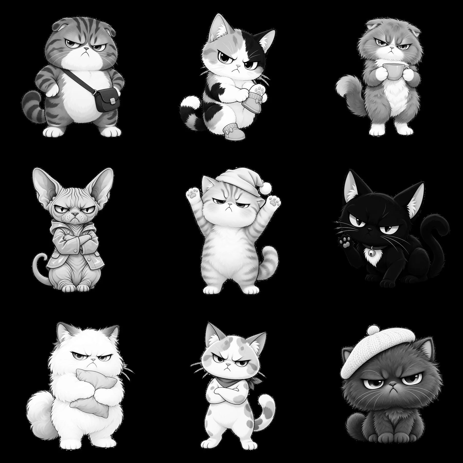 Kawaii grumpy cats in different poses and expressions in a grid - AI-generated stock image