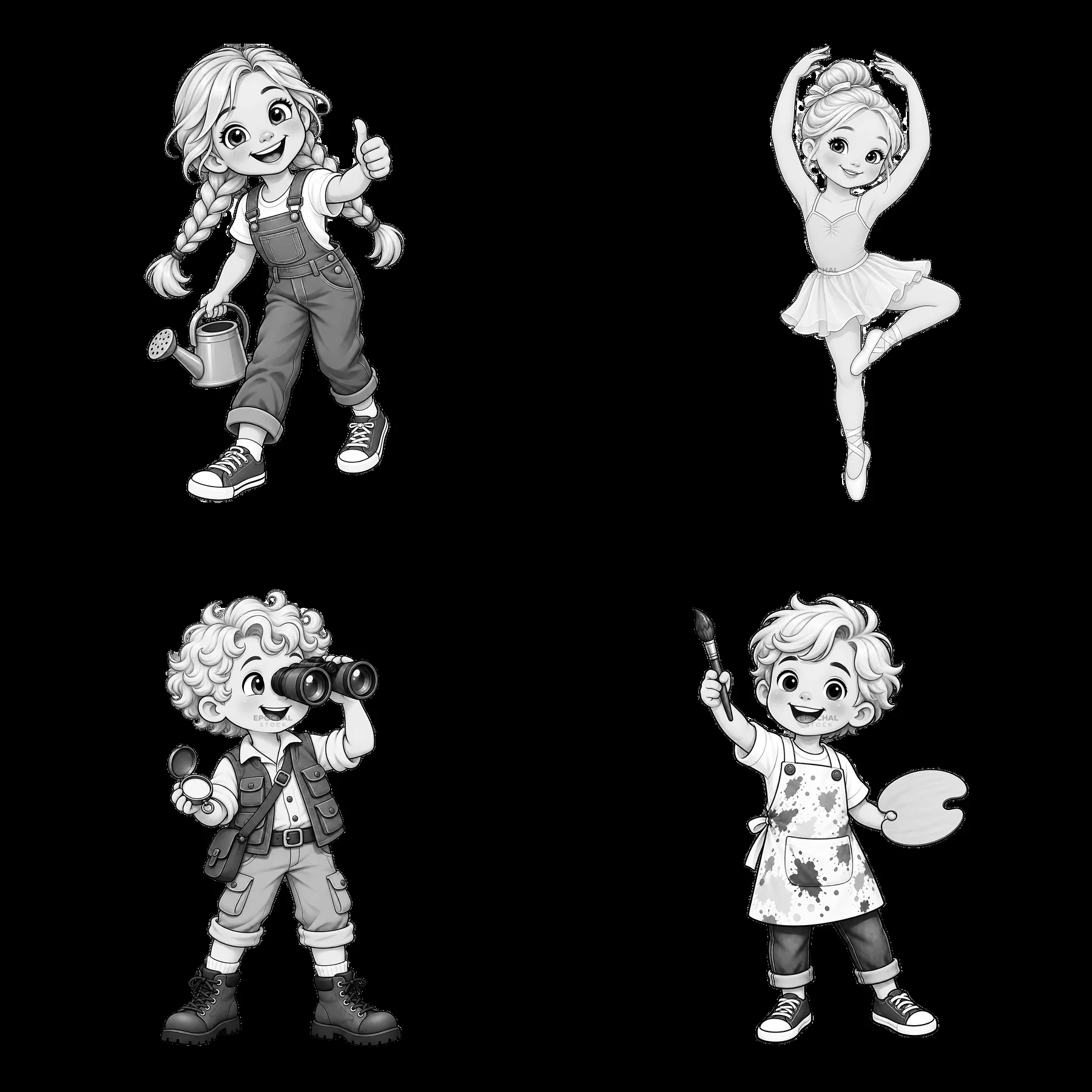 Blond children with diverse activities in cartoon stickers layout - AI-generated stock image