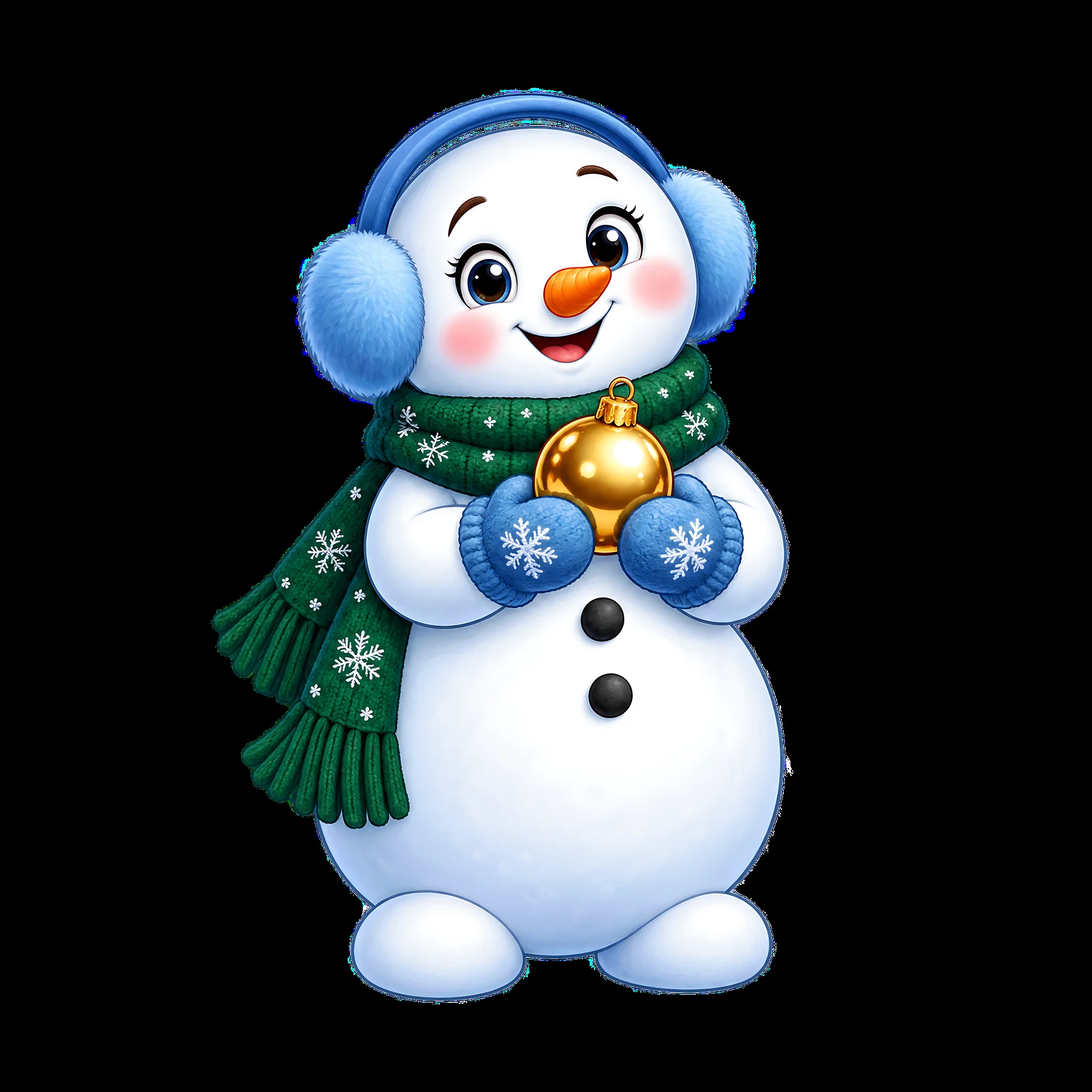 Snowman with blue earmuffs holding a golden bell - AI-generated stock image