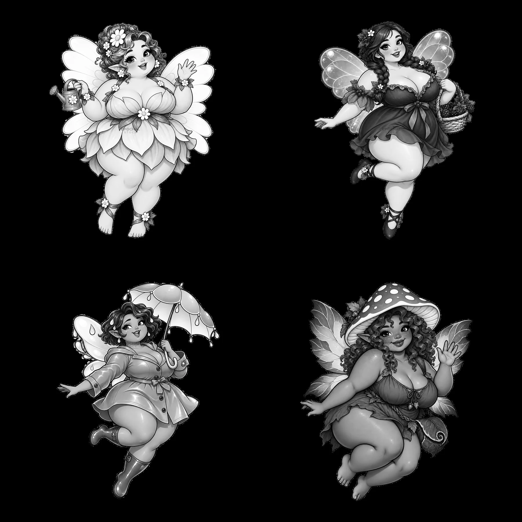 Kawaii ultra-fat fairies in four playful poses with distinct themes - AI-generated stock image