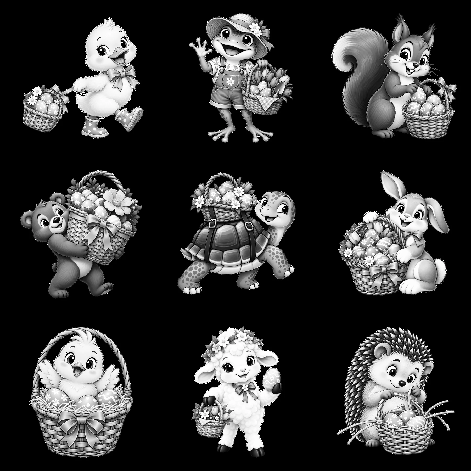 Cute cartoon animals with Easter baskets in a 3x3 grid - AI-generated stock image